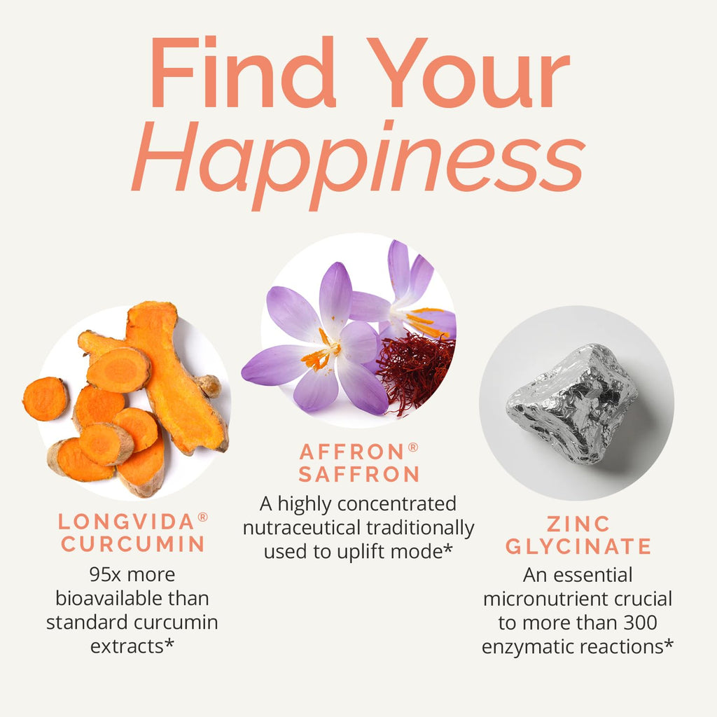 BRAINMD Dr Amen Happy Saffron Plus - 90 Capsules - with Saffron Flower Extract, Curcumin & Zinc - Vegan, Gluten Free - 30 Servings | 30 Servings