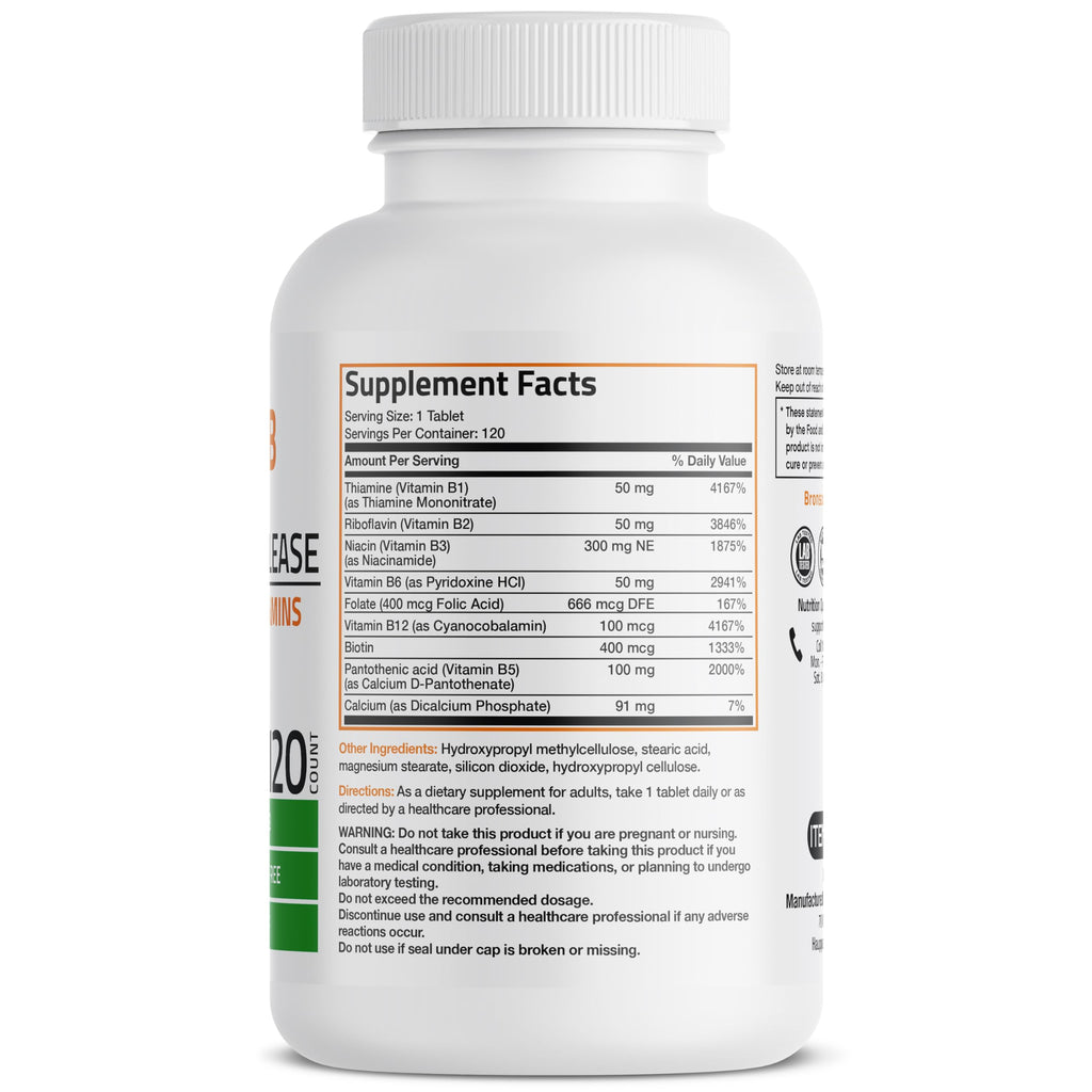 Bronson Super B Vitamin B Complex Sustained Release for Energy, 120 Tablets | B1, B2, B3, B6, Folic Acid, B12, Biotin & Pantothenic Acid, One-Tablet Formula, Non-GMO, Gluten-Free & Soy-Free