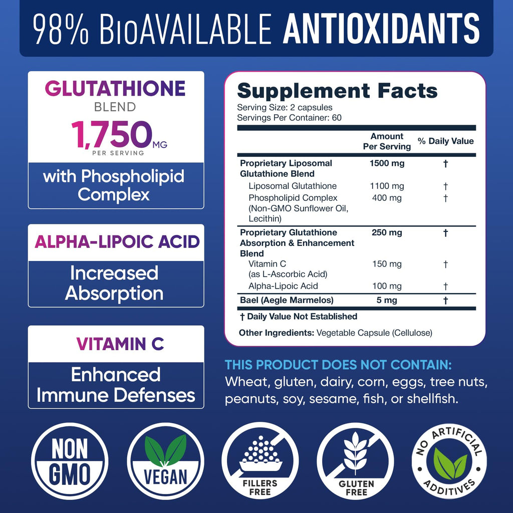 Liposomal Glutathione Supplement 1000MG + 750MG- Glutathione Liposomal with VIT C + Phospholipid Antioxidant Complex - 120 Caps - Powder&Liquid Alternative