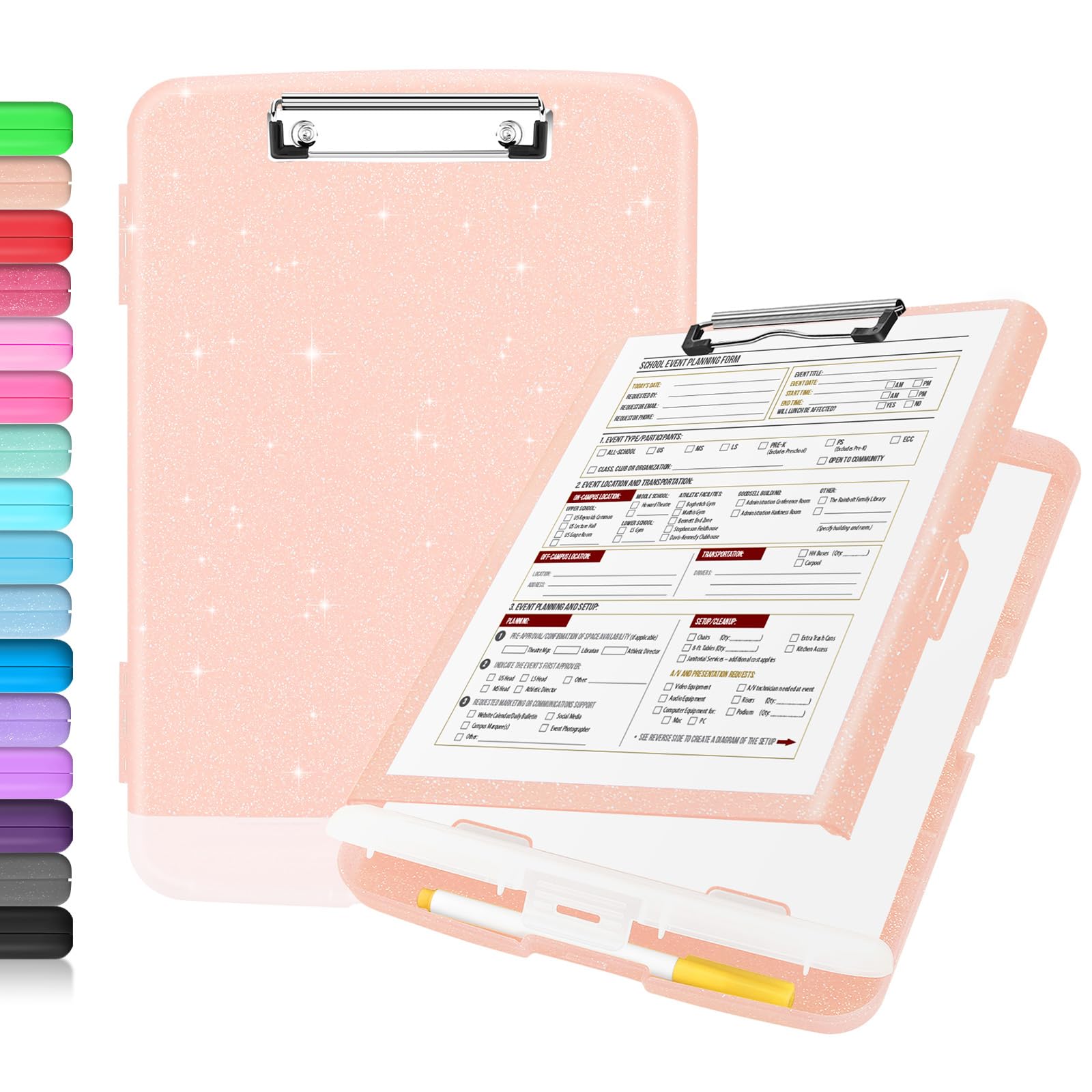Buy now Sooez Clipboard with Storage, Clip Board 8.5 x 11 with Pen Holder, Plastic Organization Case Box for Letter Legal A4 Size Paper, Low Profile Clip, Nurses Teachers Must Haves, School & Office Supplies Glitter Pink at indiglob india