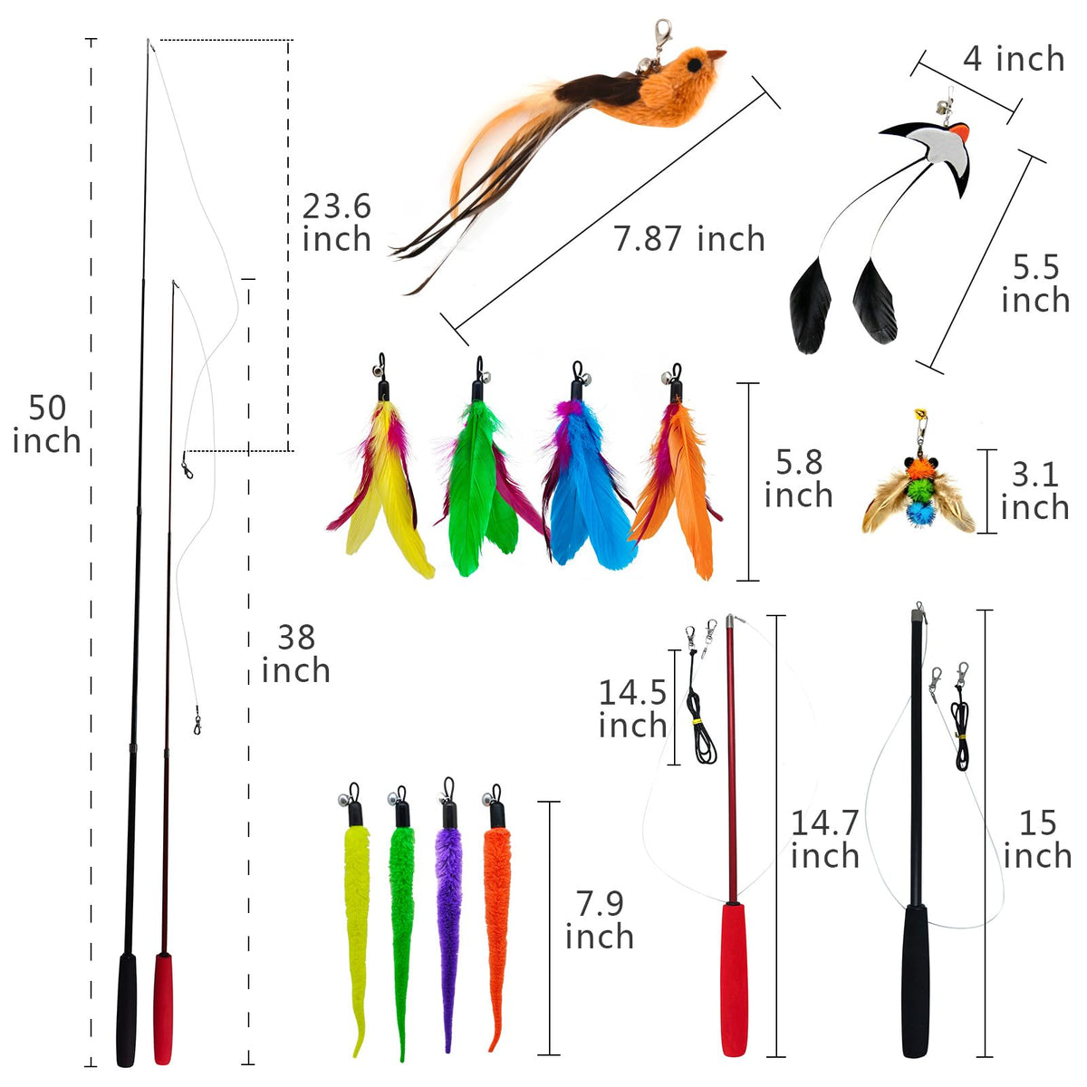 miwoowim Interactive Cat Wand Toy Set, 2 Telescopic Rods & 11 Attachments