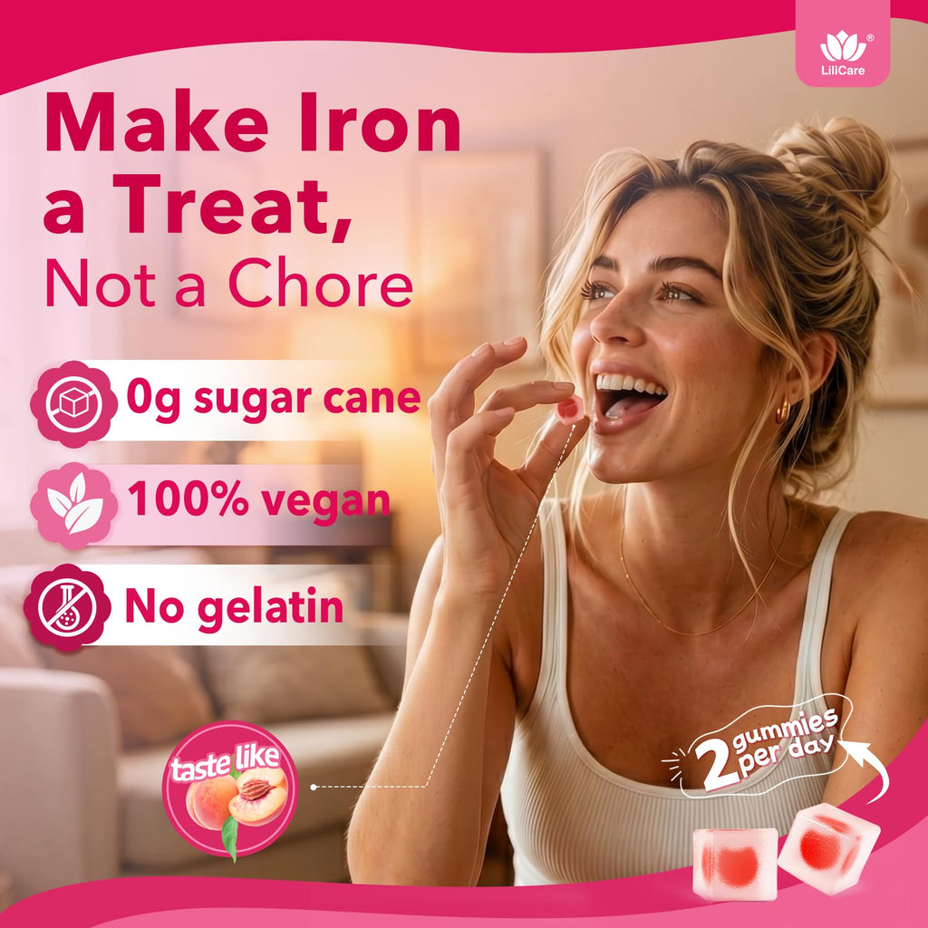Iron Gummies for Women 25mg Plus Vitamin C, Beet Root, Vitamin B12, Folate for Iron Deficiency, Anemia, Energy Boost, Sugar Free Iron Supplement, Non-Constipating, No After Taste, 60 Cts