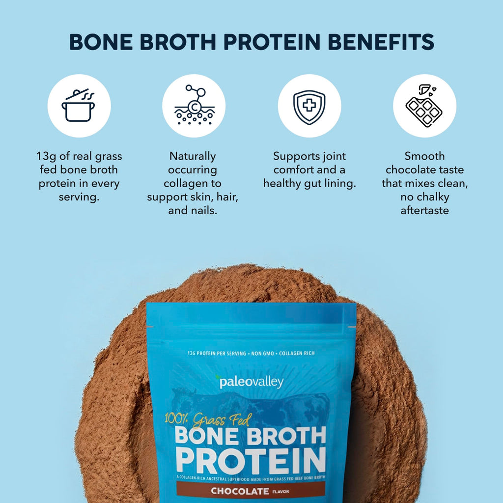 Paleovalley 100% Grass Fed Bone Broth Protein Powder, Chocolate | Collagen Rich, Digestive and Gut Health Support, Joint Support Hair, Skin and Nail Support, 13g Protein