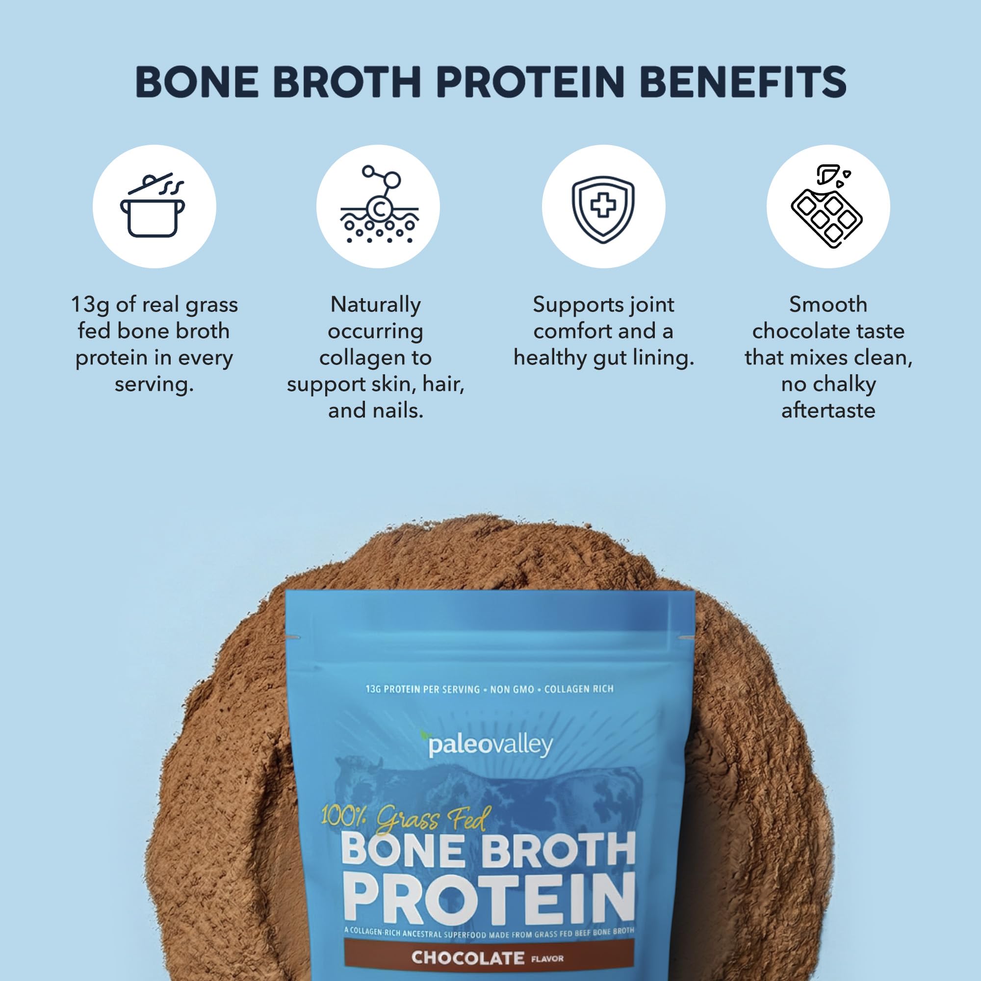 Paleovalley 100% Grass Fed Bone Broth Protein Powder, Chocolate | Collagen Rich, Digestive and Gut Health Support, Joint Support Hair, Skin and Nail Support, 13g Protein