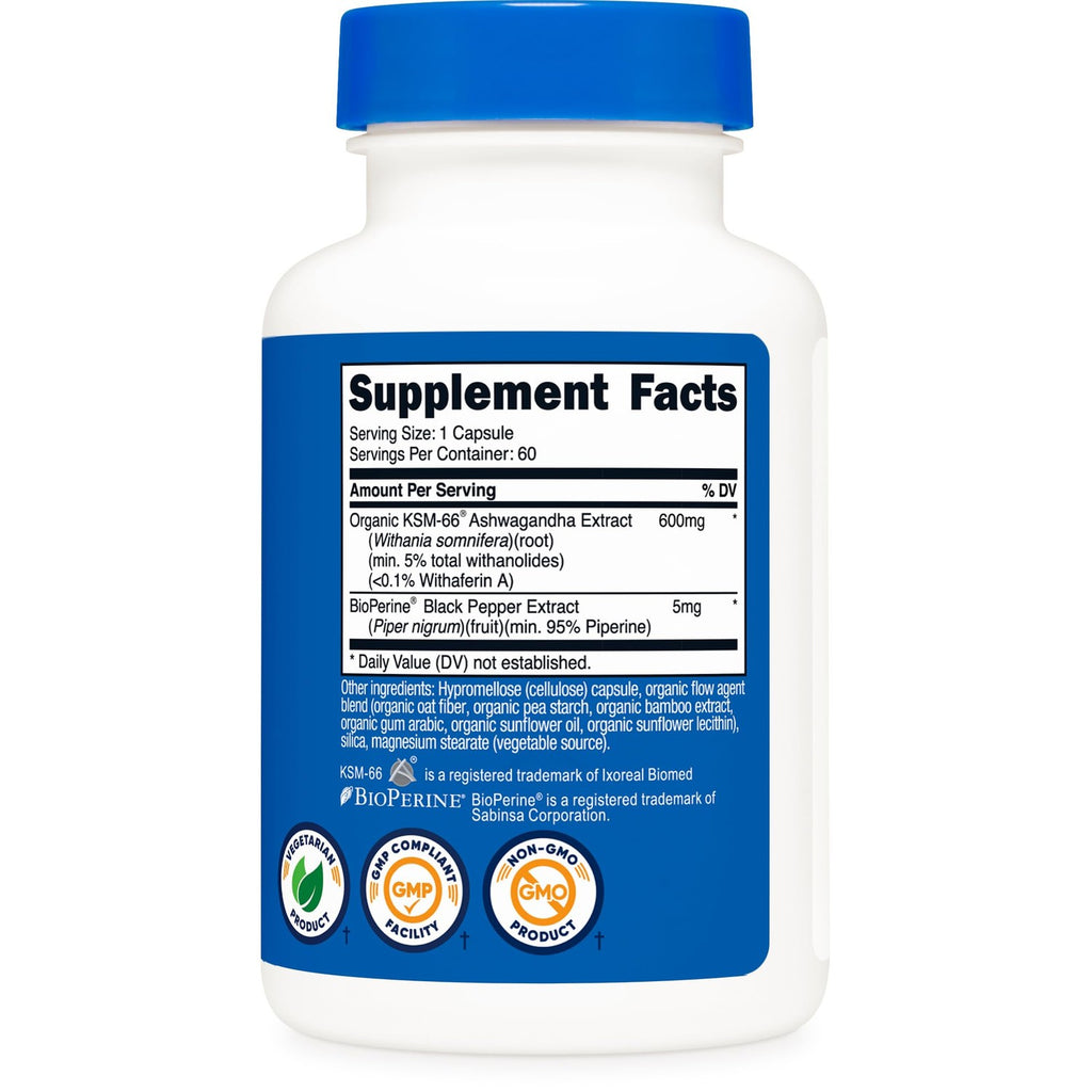 Nutricost KSM-66 Ashwagandha Root Extract (600mg) 60 Capsules | 5% Withanolides & BioPerine, Full-Spectrum Root Extract