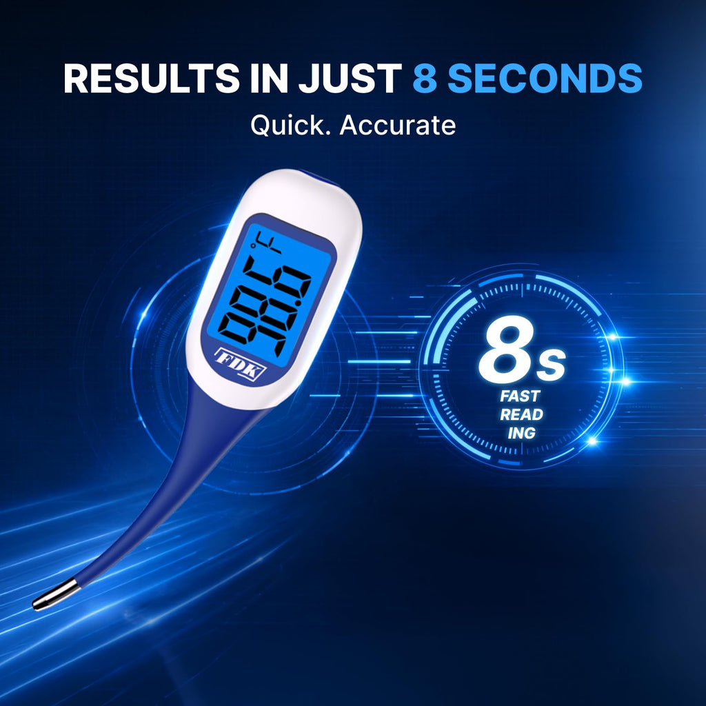 FDK Large LCD Screen Digital Thermometer for Fever, 8 Seconds Fast & Accurate Readings, Large LCD Dual Color Backlight Flexible Tip Ideal for Adults Kids and Babies FSA