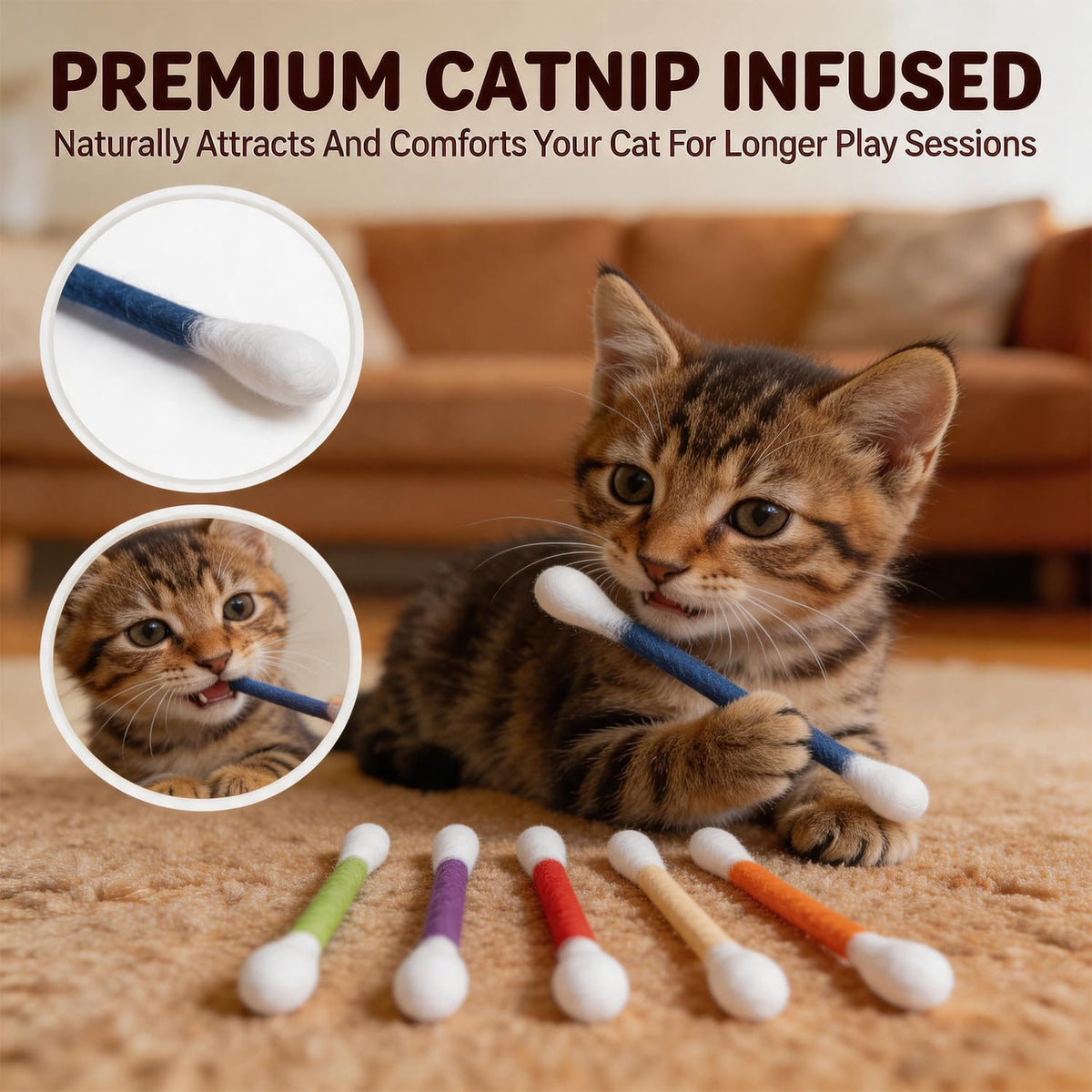 6Pack Cotton Swabs Cat Toys with Catnip, Giant Qtip Chew Sticks & Teething Ropes for Boredom Relief, Durable Interactive Felt Kitty Kicker Toy for Exercise.