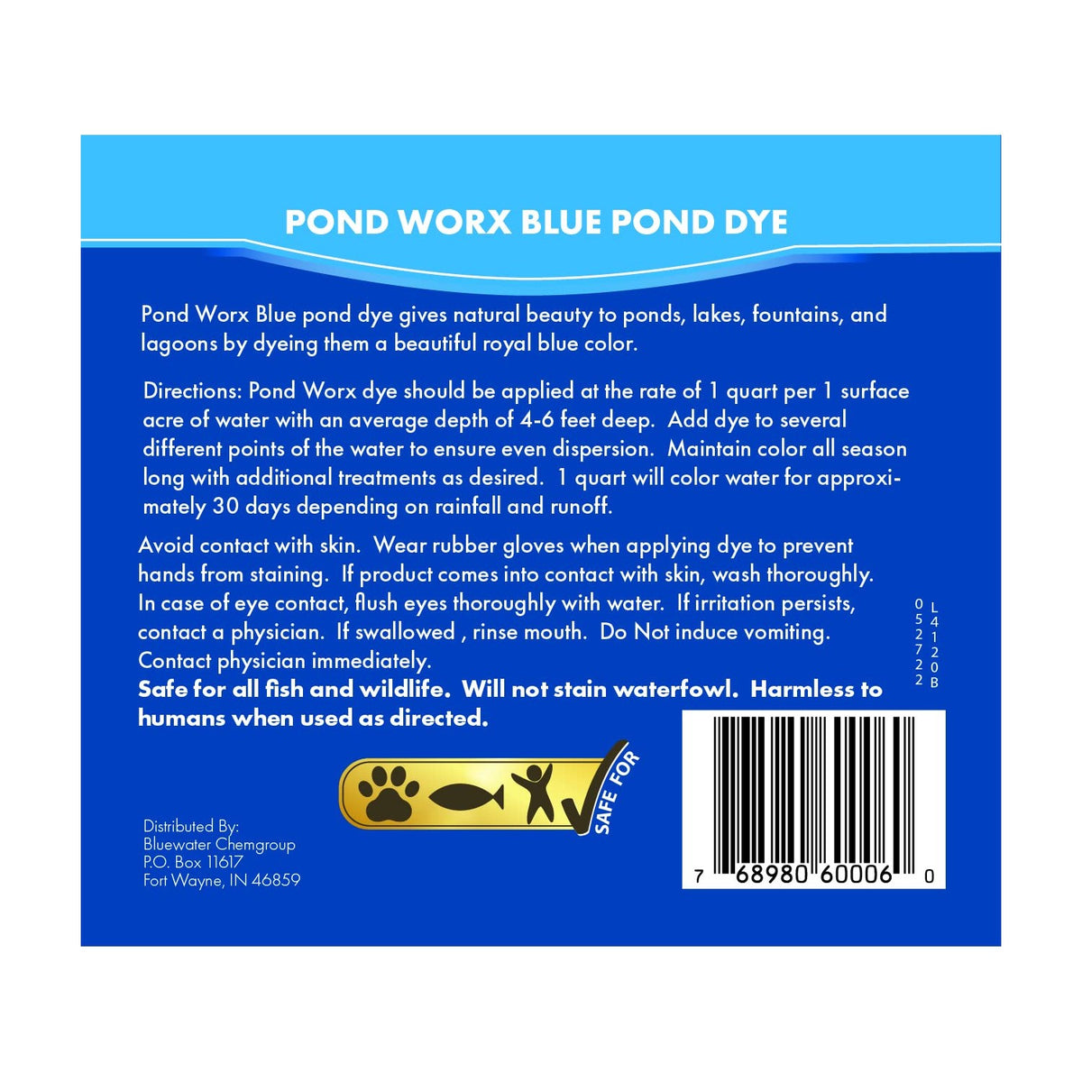 Pond Worx Blue Lake and Pond Dye - 4X Concentrated Liquid Pond Colorant - Treats up to 1 Acre - 1 Quart