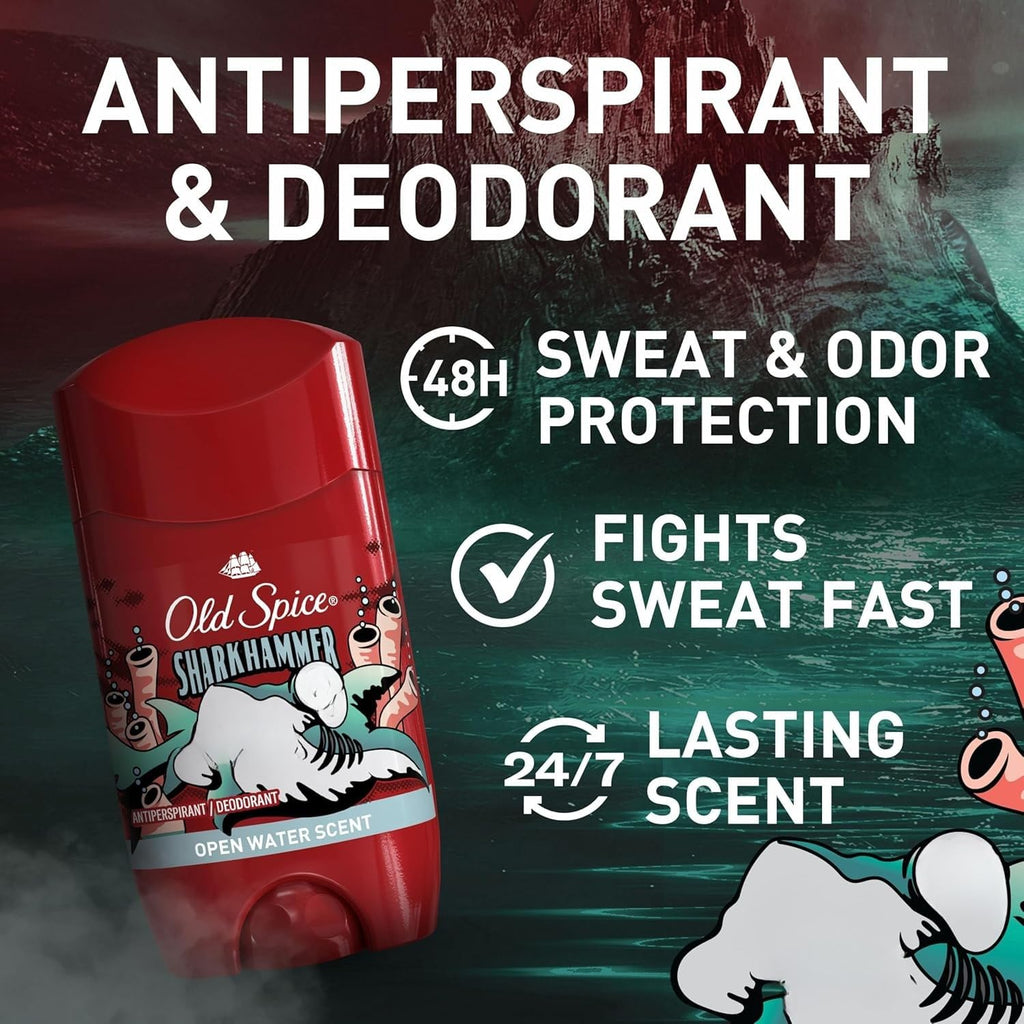 Old Spice Antiperspirant Deodorant for Men, 24/7 Sweat & Odor Protection, Aluminum-Based, Long Lasting Fresh Scent (Open Water/Sharkhammer), 73 g (1 Pack)