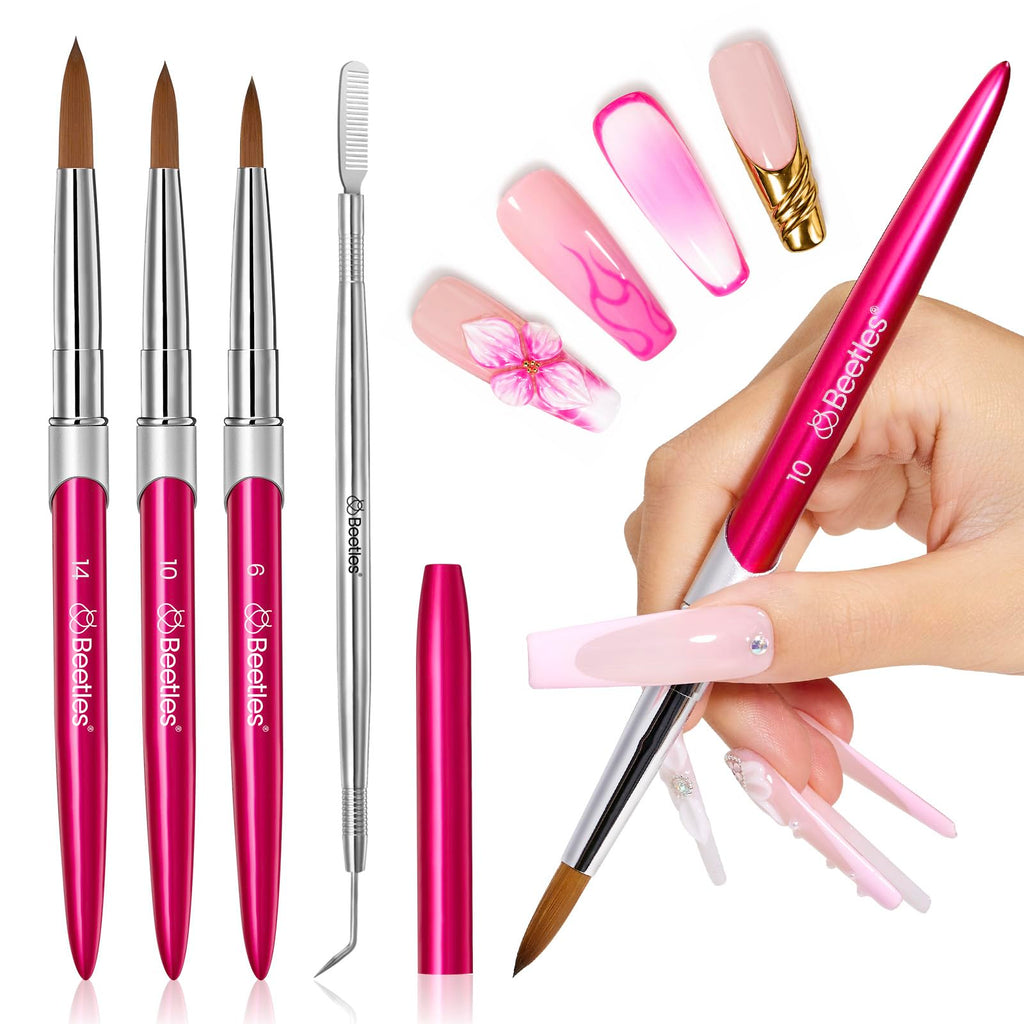 Beetles Acrylic Nail Brush Set, 3Pcs Size 6/10/14 for Acrylic Powder | Includes 3 Size Brushes with a Steel Cleaning Comb for Acrylic Powder Application, Extensions, and 3D Carving DIY Nail Art