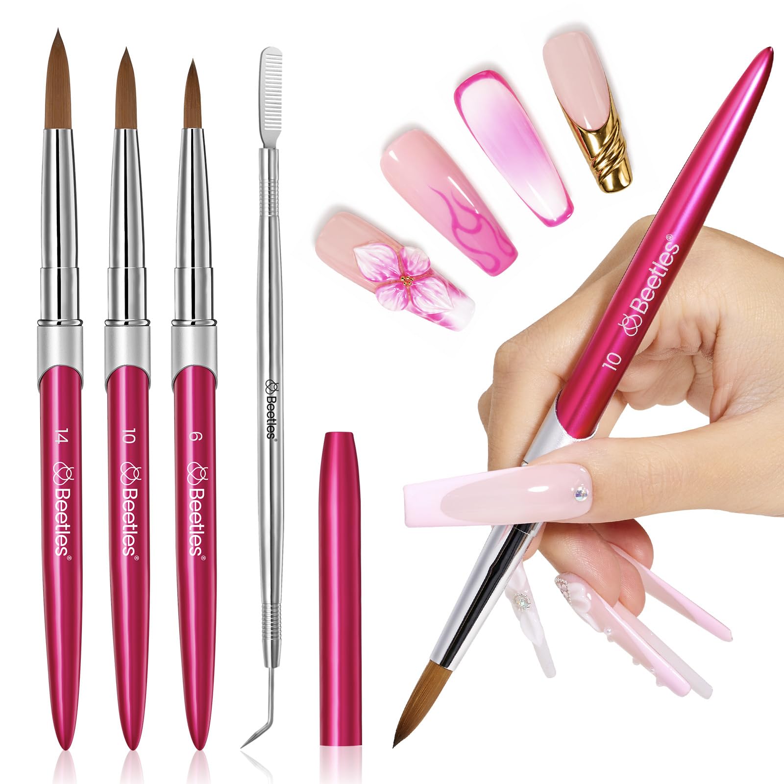 Beetles Acrylic Nail Brush Set, 3Pcs Size 6/10/14 for Acrylic Powder | Includes 3 Size Brushes with a Steel Cleaning Comb for Acrylic Powder Application, Extensions, and 3D Carving DIY Nail Art