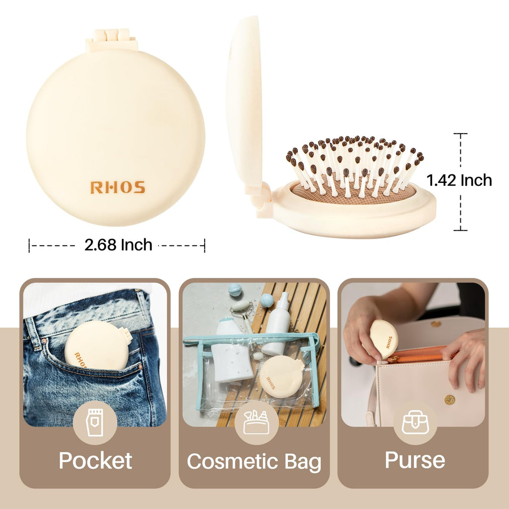 Compact RHOS folding brush with mirror, ideal for purses or travel. Original product, designed for women's beauty needs.