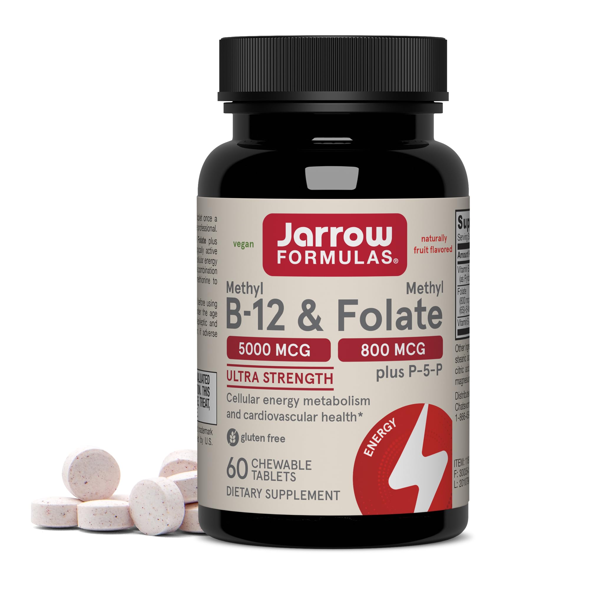 Jarrow Methyl B-12 & Methyl Folate Supplement, 60 Chewable Tablets | Bioactive Vitamin B12 & B9 Supplement, Supports Cellular Energy Production, Healthy Brain Function & Metabolism, 60 Servings