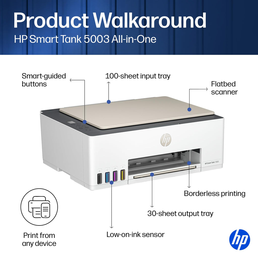 HP Smart Tank 5003 Wireless All-in-One Ink Tank Printer, Scanner, Copier with up to 3 Years of Ink Included, Best-for-Home, Cartridge-Free Refillable, AI-Capable (9B2D3A)