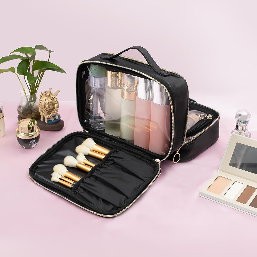 Buy now OCHEAL Makeup Bag, Double Layer Cosmetic Bag, Large Capacity New Look Clear Cosmetic Case for Women Travel Beauty Essentials, Multiple Compartments Makeup Case Organizer Zipper Pouch -Black at indiglob india