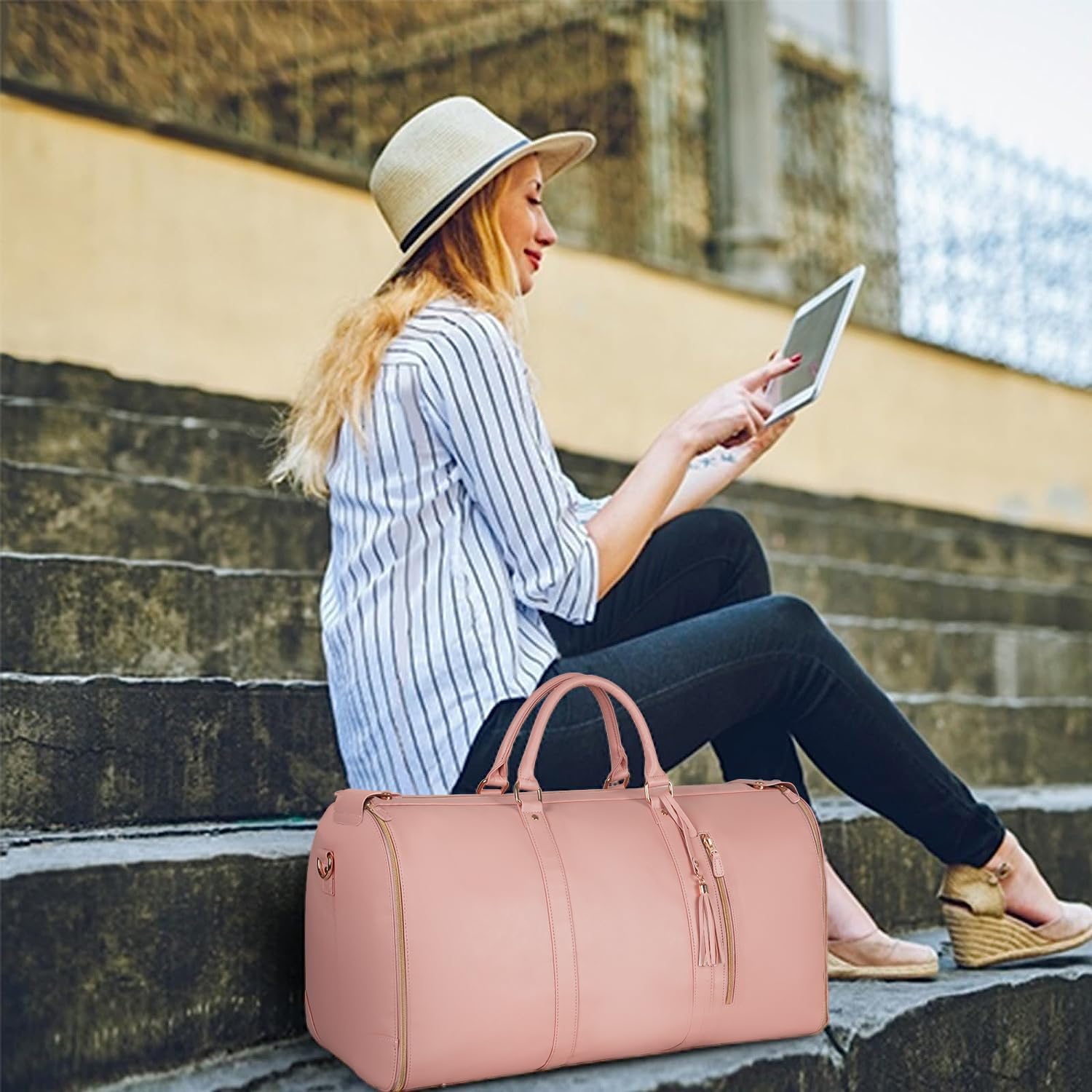 Buy now Ytonet Garment Duffle Bags for Travel, Convertible Carry On Garment Bag for Women, Large PU Leather Foldable Travel Bag with Shoe Pouch, 2 in 1 Hanging Suitcase Dress Suit Travel Bags, Pink at indiglob india
