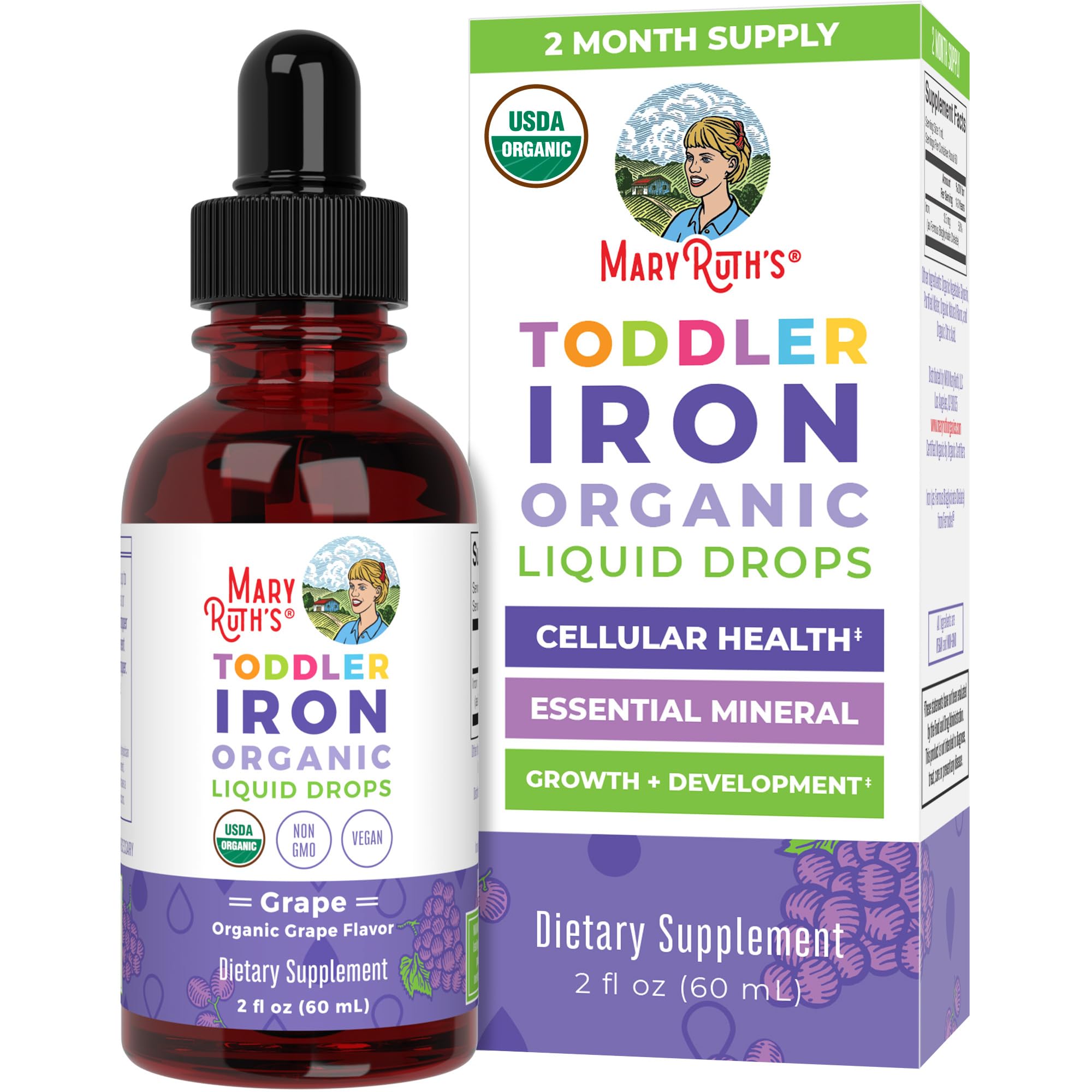 MaryRuth's Organic Toddler Liquid Iron Supplement, Sugar Free, Vegan, 2 oz | Ferrochel, Sugar Free, Vegan, Non-GMO, Gluten Free