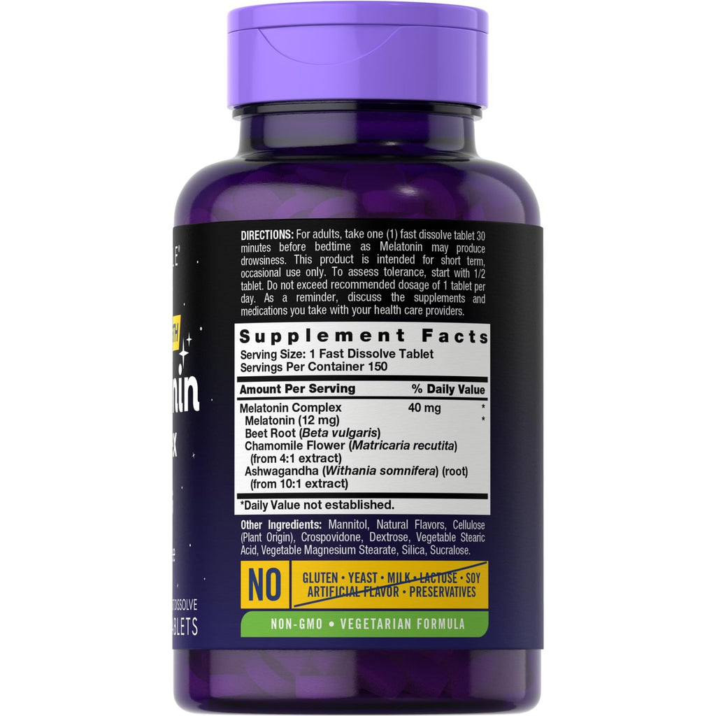 Carlyle Melatonin 40mg Complex | 150 Fast Dissolve Tablets | Extra Strength Support | with Ashwagandha and Chamomile | Vegetarian, Non-GMO, Gluten Free Supplement