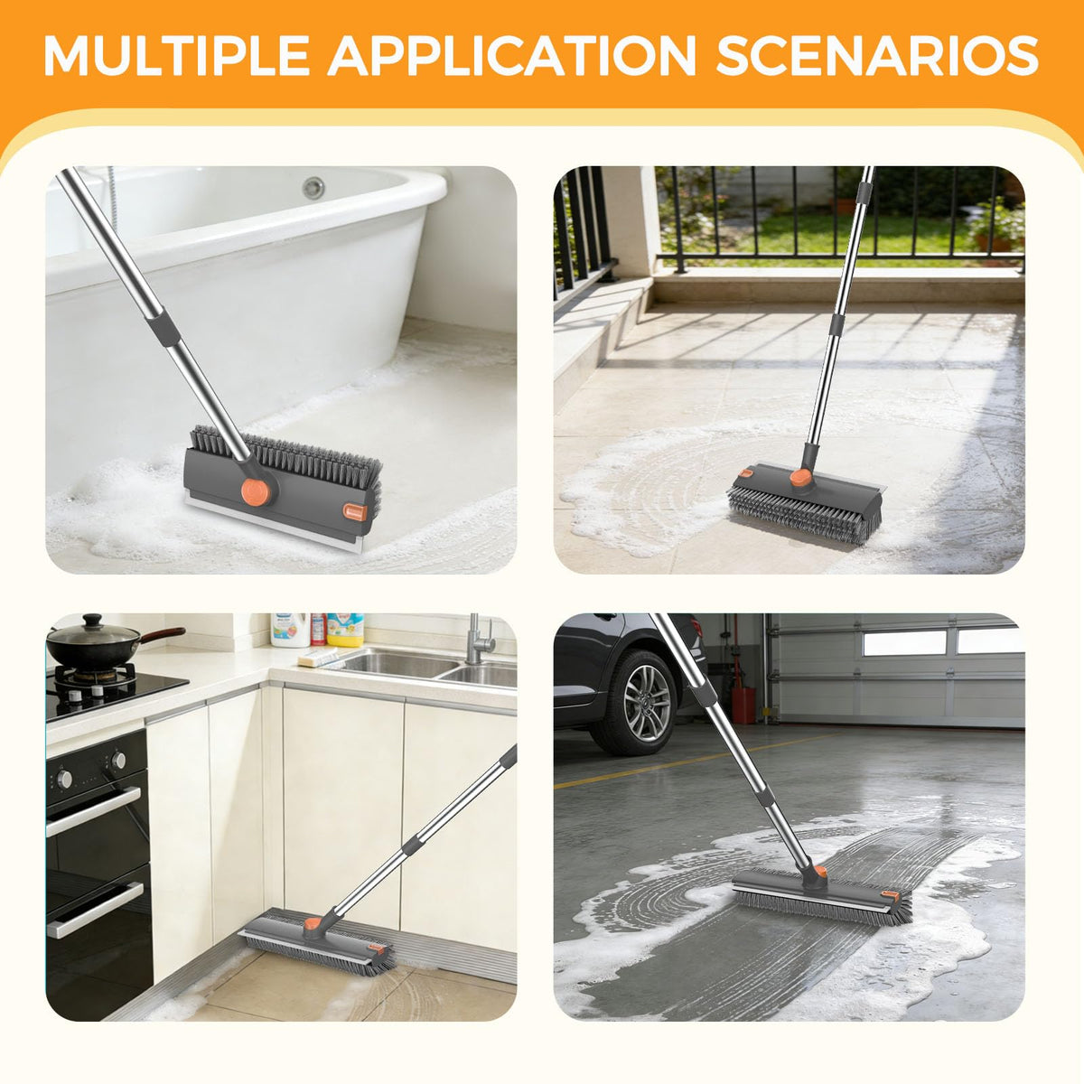 SetSail Floor Scrub Brush with Scraper and Stiff Bristle, Grey&Orange