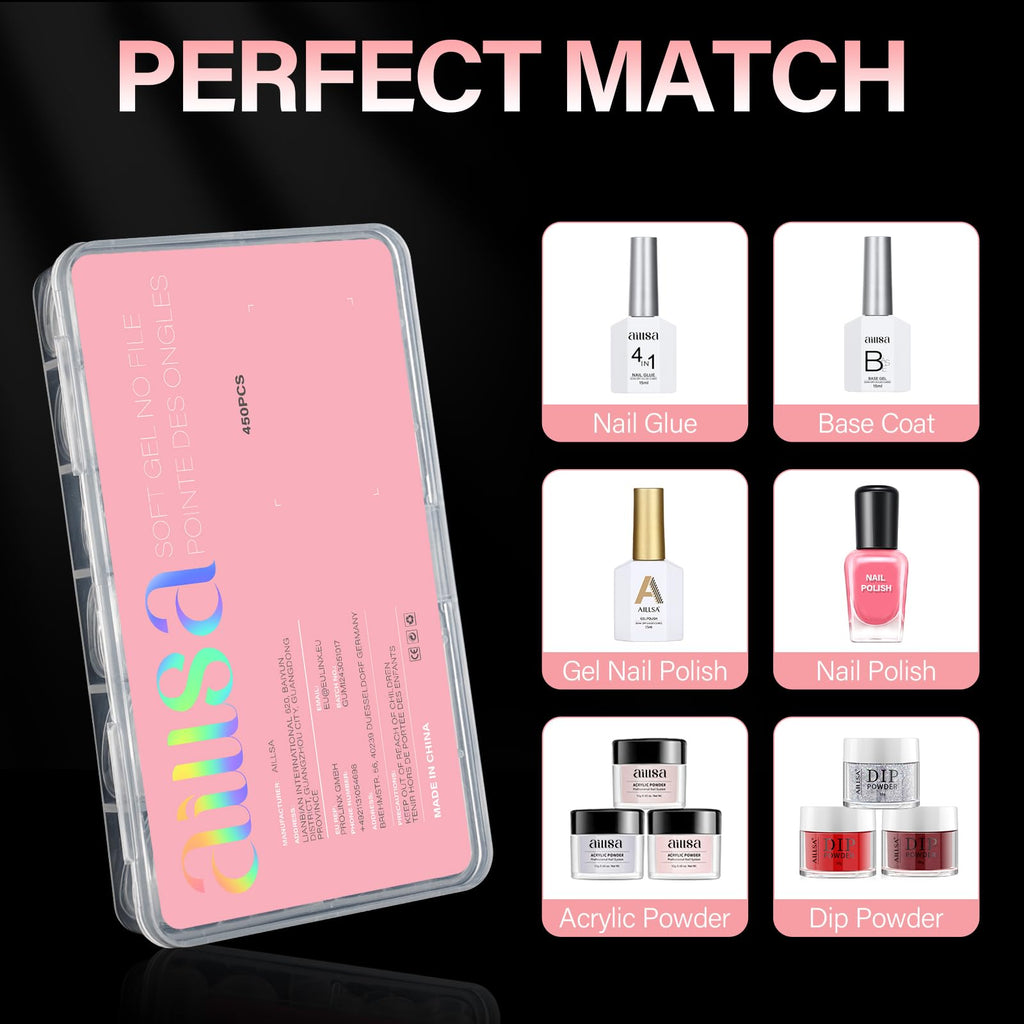 AILLSA Short Almond Nail Tips include 450 high-quality acrylic tips and essential nail products for perfect manicures.