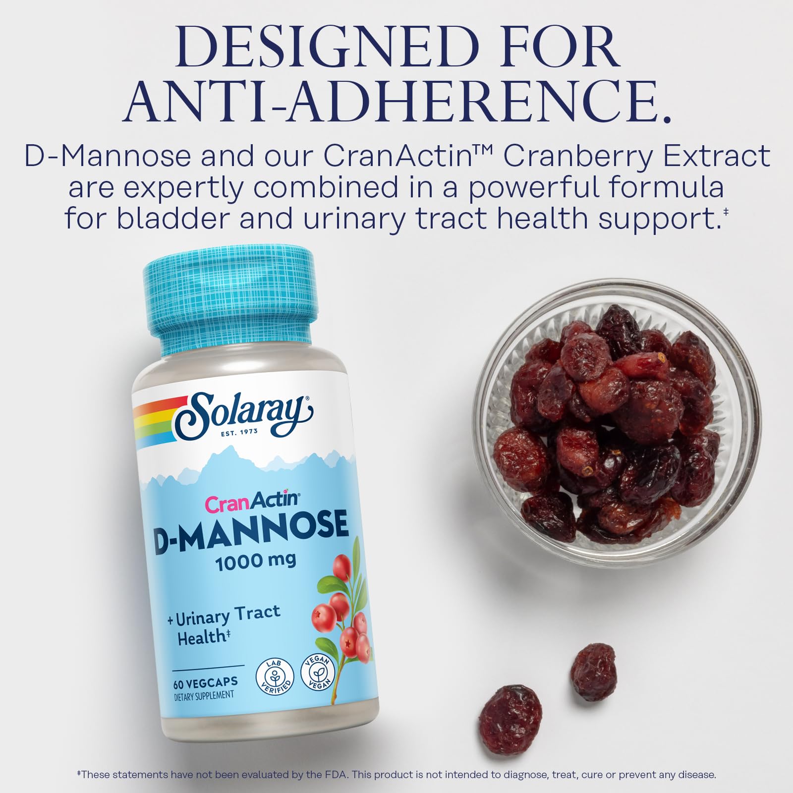 SOLARAY D-Mannose with CranActin Cranberry 400 mg, 60 VegCaps | Urinary Tract & Bladder Support - D-Mannose, CranActin Cranberry & Vitamin C - 30 Servings - Vegan, Lab Verified