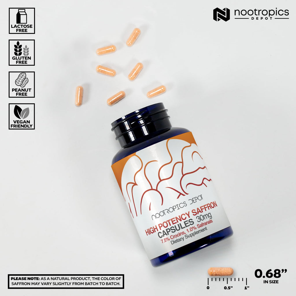 Nootropics Depot High Potency Saffron Extract Capsules | 30mg | Minimum 7.5% Crocins and 1% Safranals | Crocus sativus | 60 ct