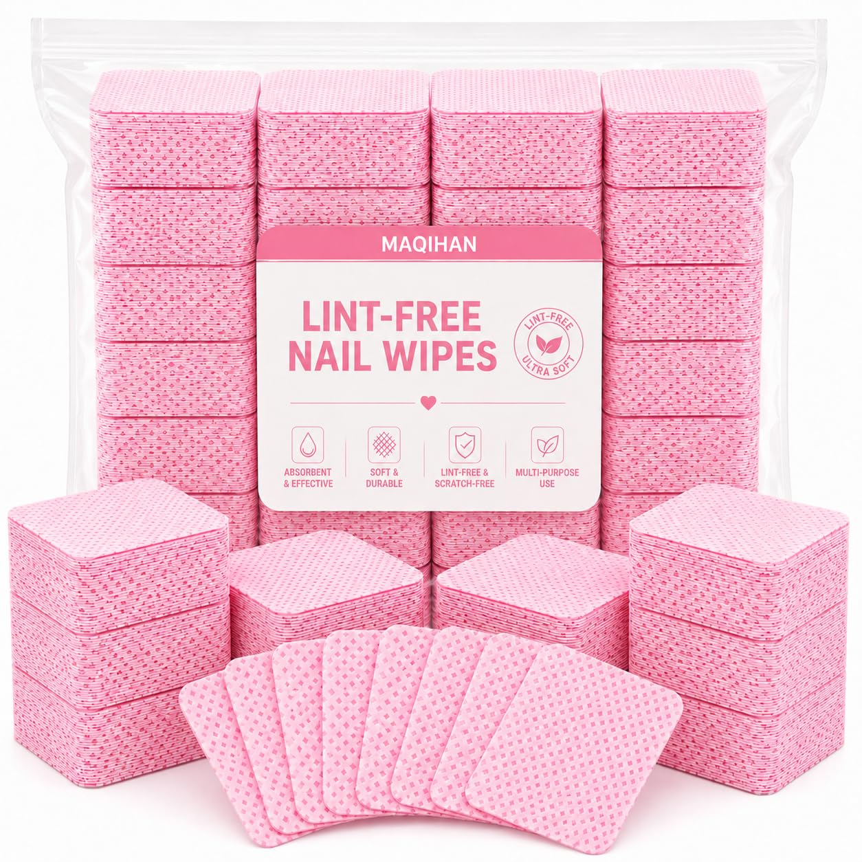 MAQIHAN 600 Lint Free Nail Wipes - Pink Nail Polish Remover Wipes Lint Free Nail Wipes Pads for Gel Nails No Lint Nail Glue Wipes Eyelash Extensions Toallitas Para Uñas Sin Pelusa Nail Supplies