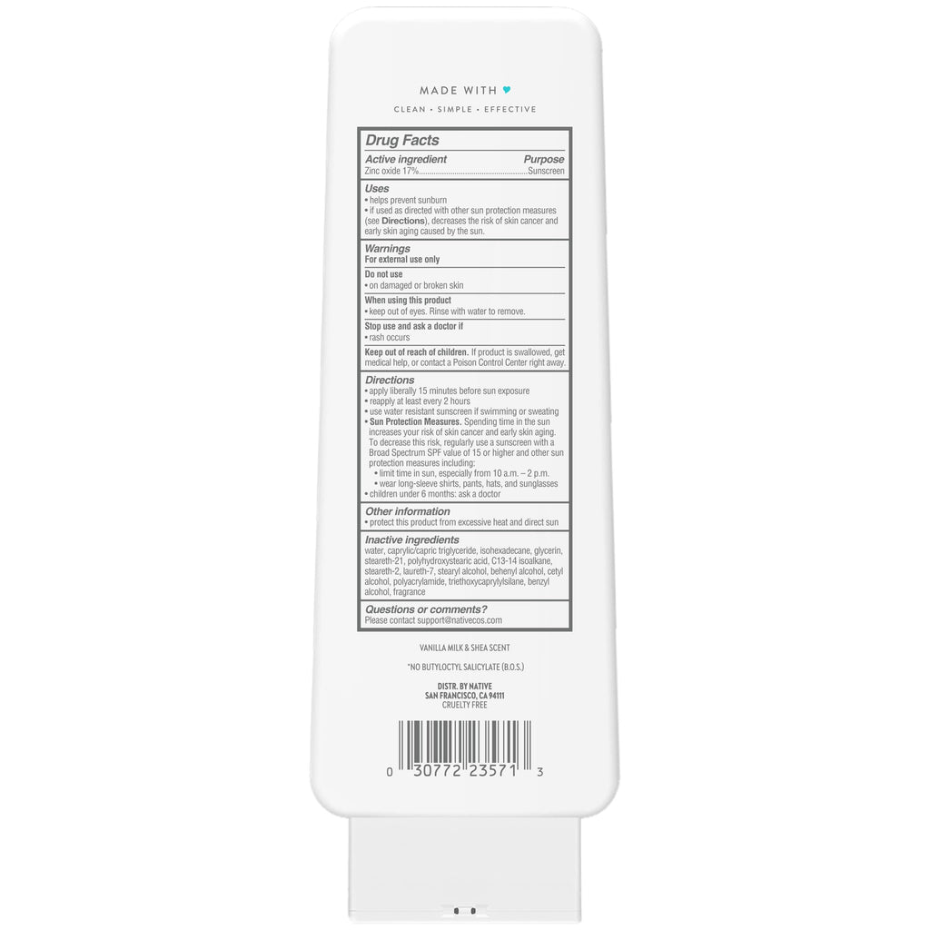 Native Mineral Sunscreen Lotion SPF 30, Vanilla Milk & Shea Scent, with 100% Mineral Zinc Oxide for Face & Body, Hawaii Compliant, Vegan, No White Cast - 7 oz