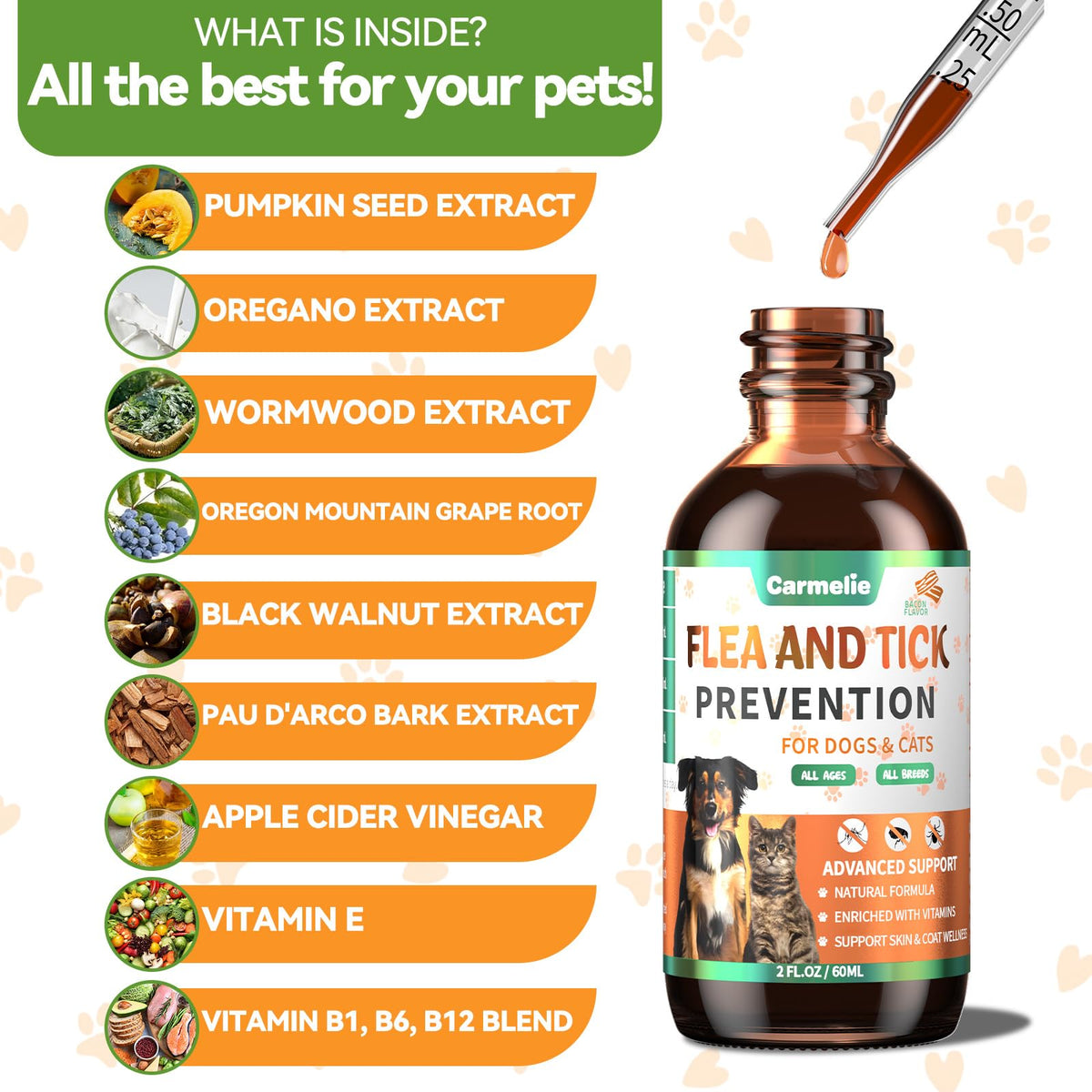 Oral Flea and Tick Prevention for Dogs and Cats with Vitamin 60ml- Bacon