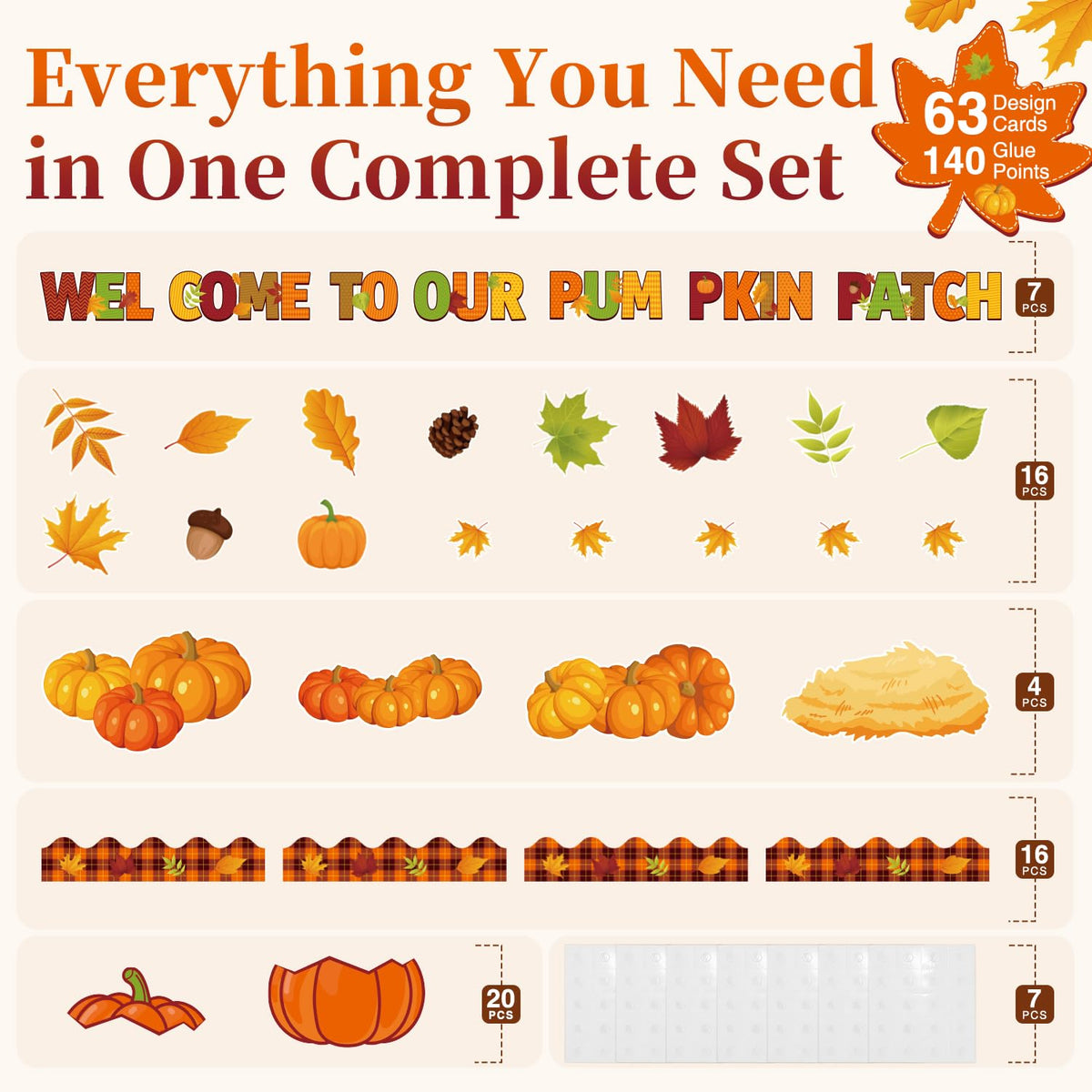Fall Bulletin Board Decorations, 63 Pcs Pumpkin Classroom Set
