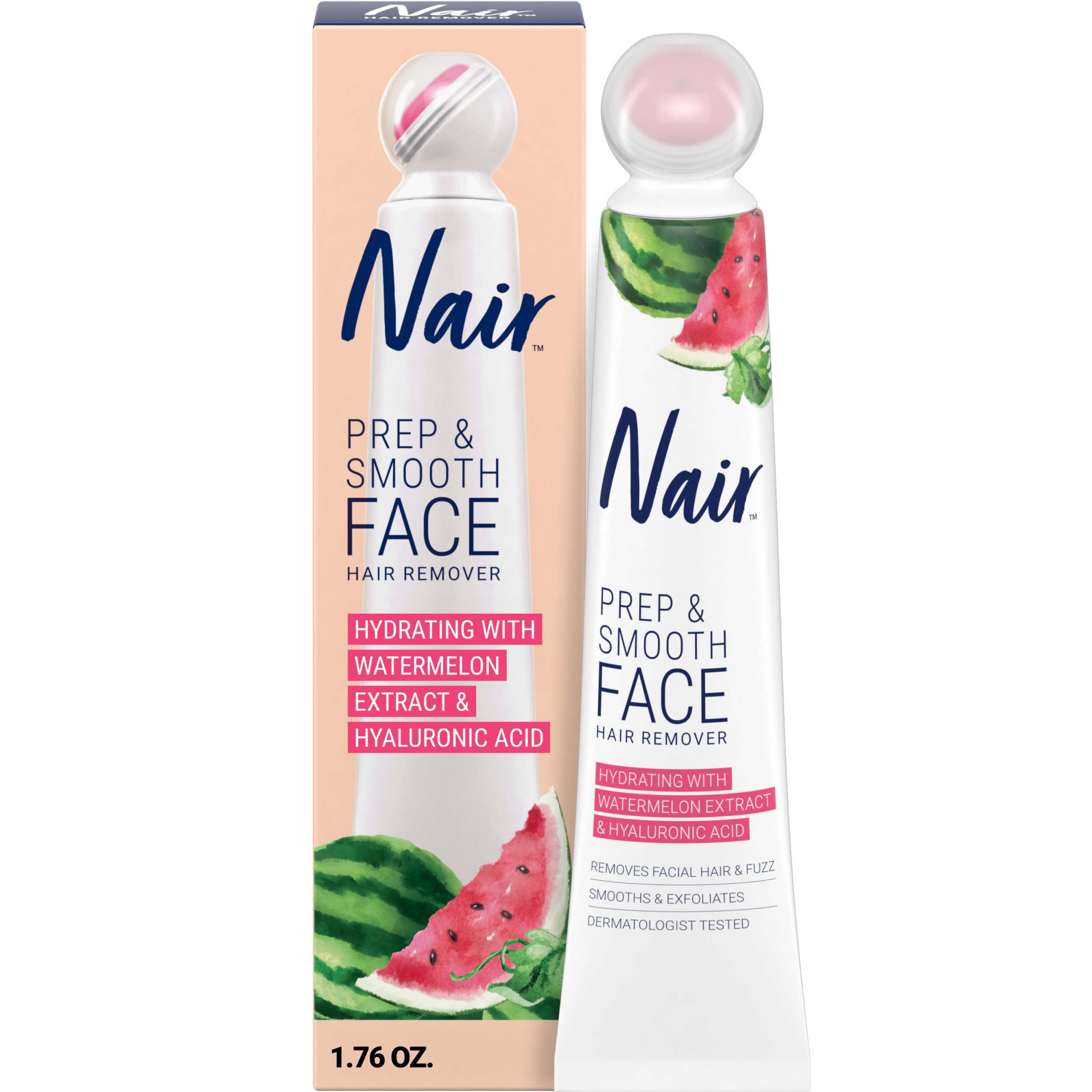 NAIR Prep & Smooth Face Exfoliating Depilatory Cream for Women - Effective Hair Removal for Smooth Skin with Hyaluronic Acid, 1.76 oz | Dermatologist-Tested, Hyaluronic Acid, Watermelon Extract, Face Fuzz Removal, Upper Lip, Chin & Cheek Hair Removal
