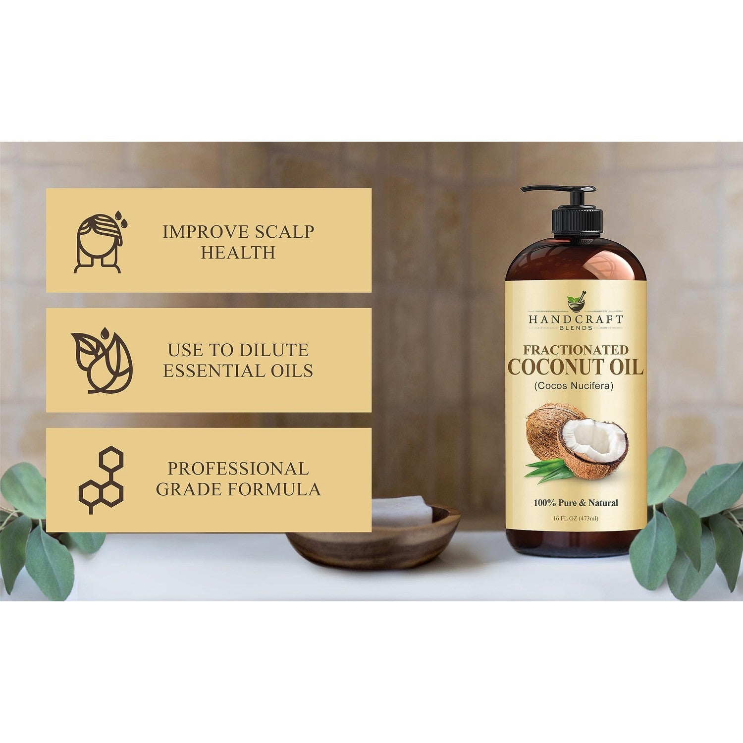 Handcraft Blends Fractionated Coconut Oil - 16 Fl Oz - 100% Pure and Natural - Premium Grade Carrier Oil for Skin, Hair and Body - Massage - Hair Tonic