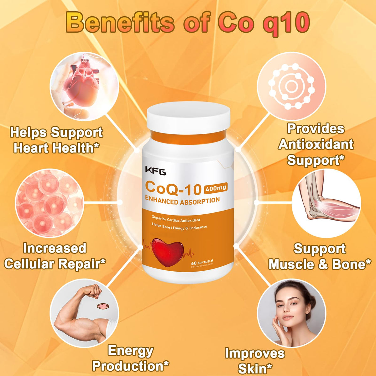KFG CoQ10 400mg Softgels, Coenzyme Q10 Supplements Support Heart Health, Cardiovascular Health, Immune System & Cellular Energy Production, Gluten Free