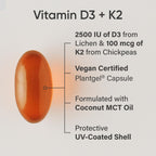 Sports Research® Vegan Vitamin D3 + K2 w/Coconut Oil, 60 Count Plantgels™ | Plant-Based Vitamin D 2500iu/62.5mcg & Soy-Free Vitamin K 100mcg for Bone & Immune Support - Vegan Certified · Non-GMO