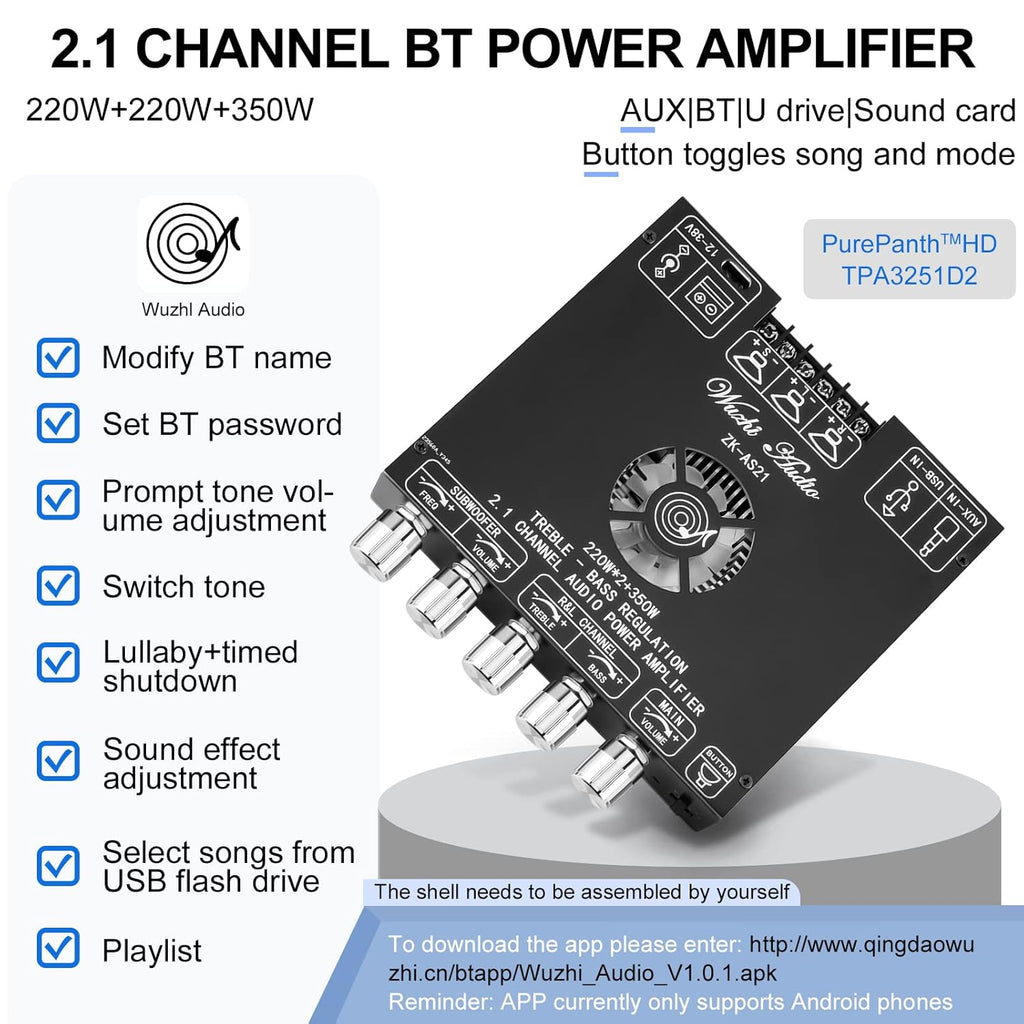 Buy now Bluetooth Power Amplifier Board Stereo - HiFi 2.1 Channel 2X220W+350W Bluetooth 5.1 16-32V Digital Power Audio Amplifier Module Subwoofer Control with AUX/Bluetooth/USB Flash Drive (ZK-AS21) at indiglob india