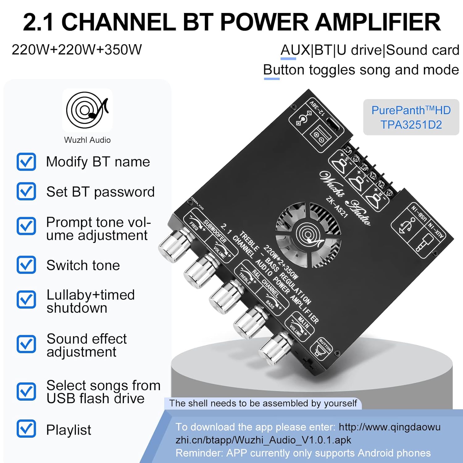 Buy now Bluetooth Power Amplifier Board Stereo - HiFi 2.1 Channel 2X220W+350W Bluetooth 5.1 16-32V Digital Power Audio Amplifier Module Subwoofer Control with AUX/Bluetooth/USB Flash Drive (ZK-AS21) at indiglob india