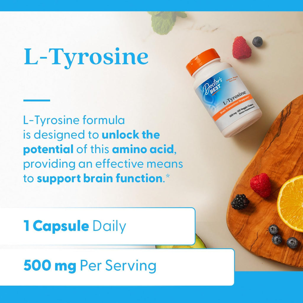 Buy now Doctors Best L-Tyrosine, 500 mg, Brain Transmitter Support, Non-GMO, Gluten Free 120 Veggie Caps at indiglob india