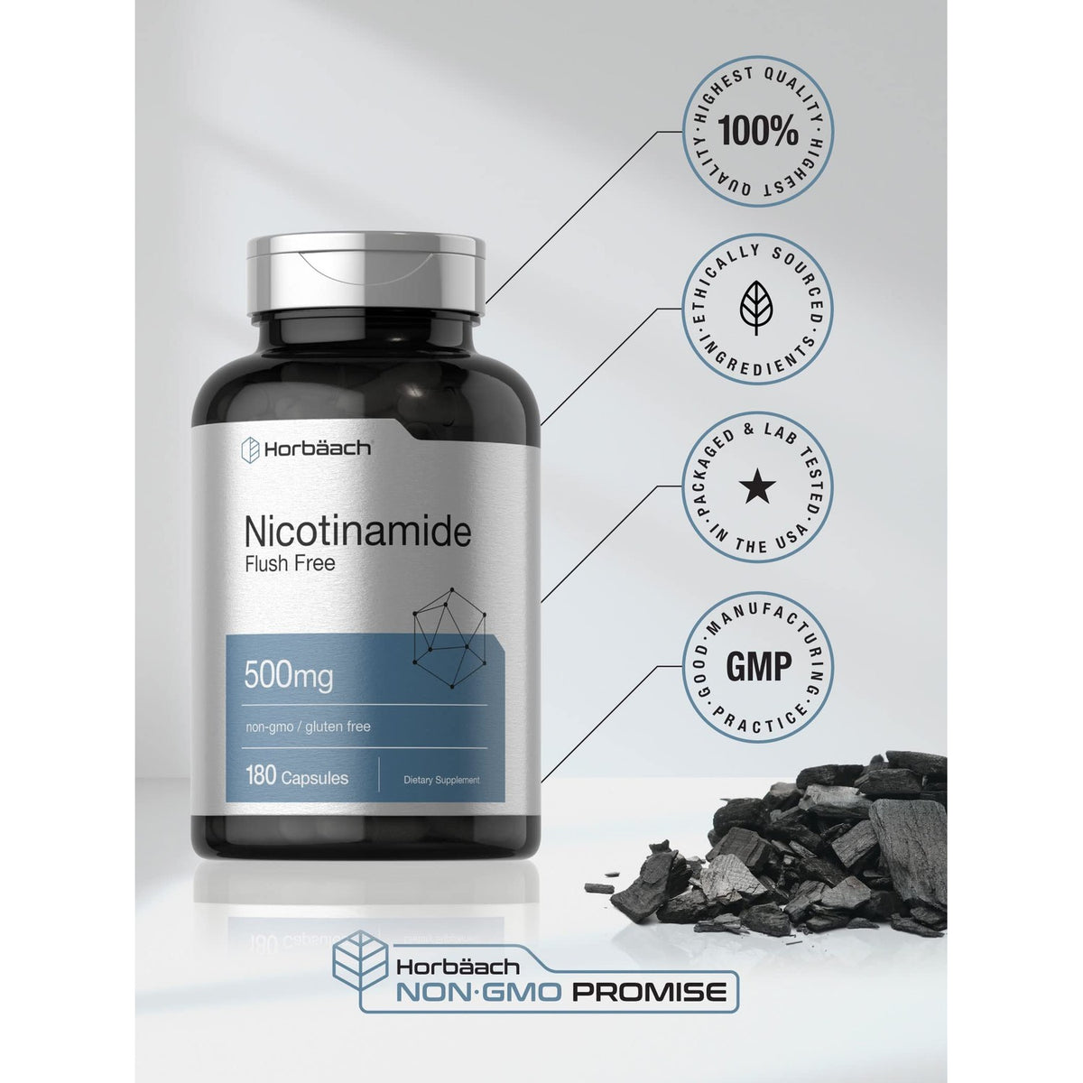 Horbäach Nicotinamide 500mg | 180 Capsules | Flush Free Dietary Supplement