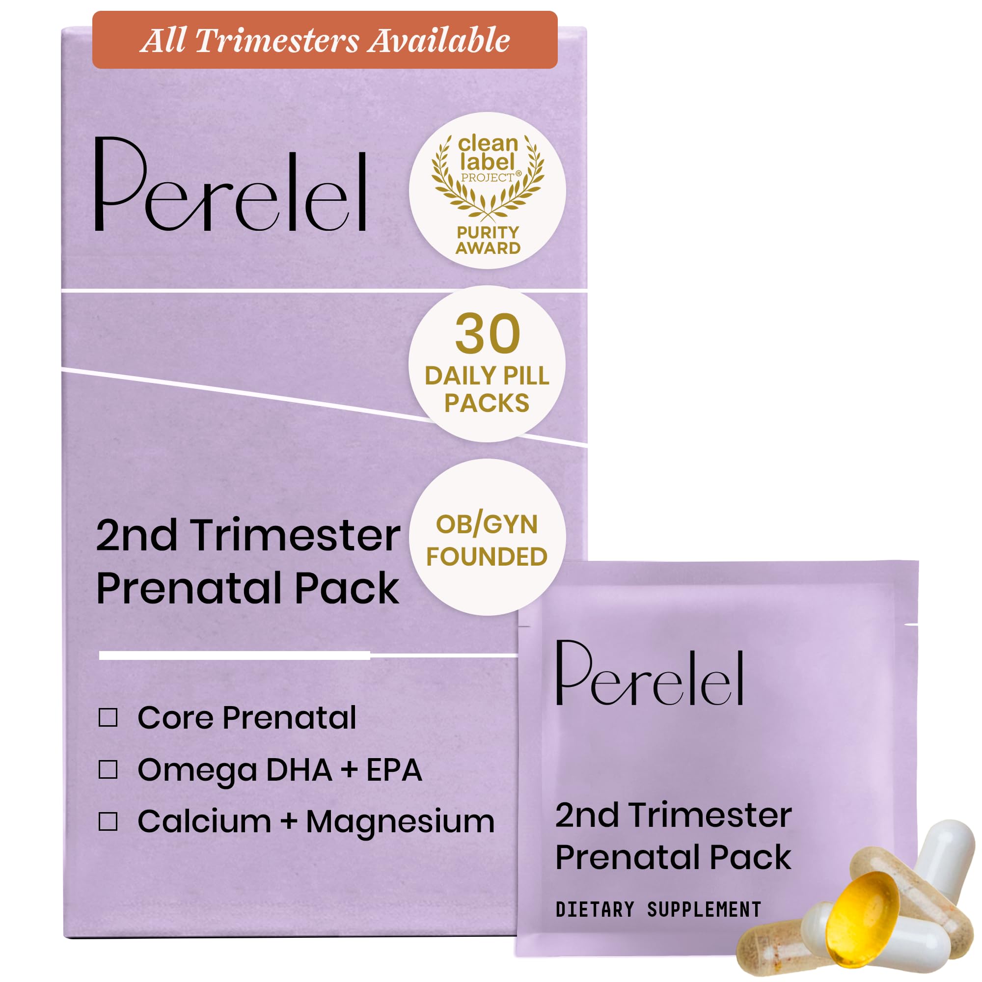 Perelel 2nd Trimester Prenatal Vitamins for Women, Choline, Folate, & Iron | Nutritional Support for Mid Pregnancy, Folate, Omega 3, & Vitamin D, Soy & Gluten Free, Non-GMO, 30 Daily Pill Packs