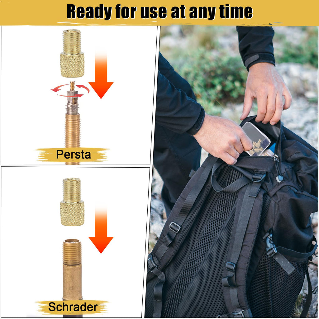 4 PCs Brass Presta Valve Adapter - Convert Presta to Schrader for Bike, e-Bike, e-Scooter - Inflate Tire with Standard Pump & Air Compressor - with 4 Valve Caps