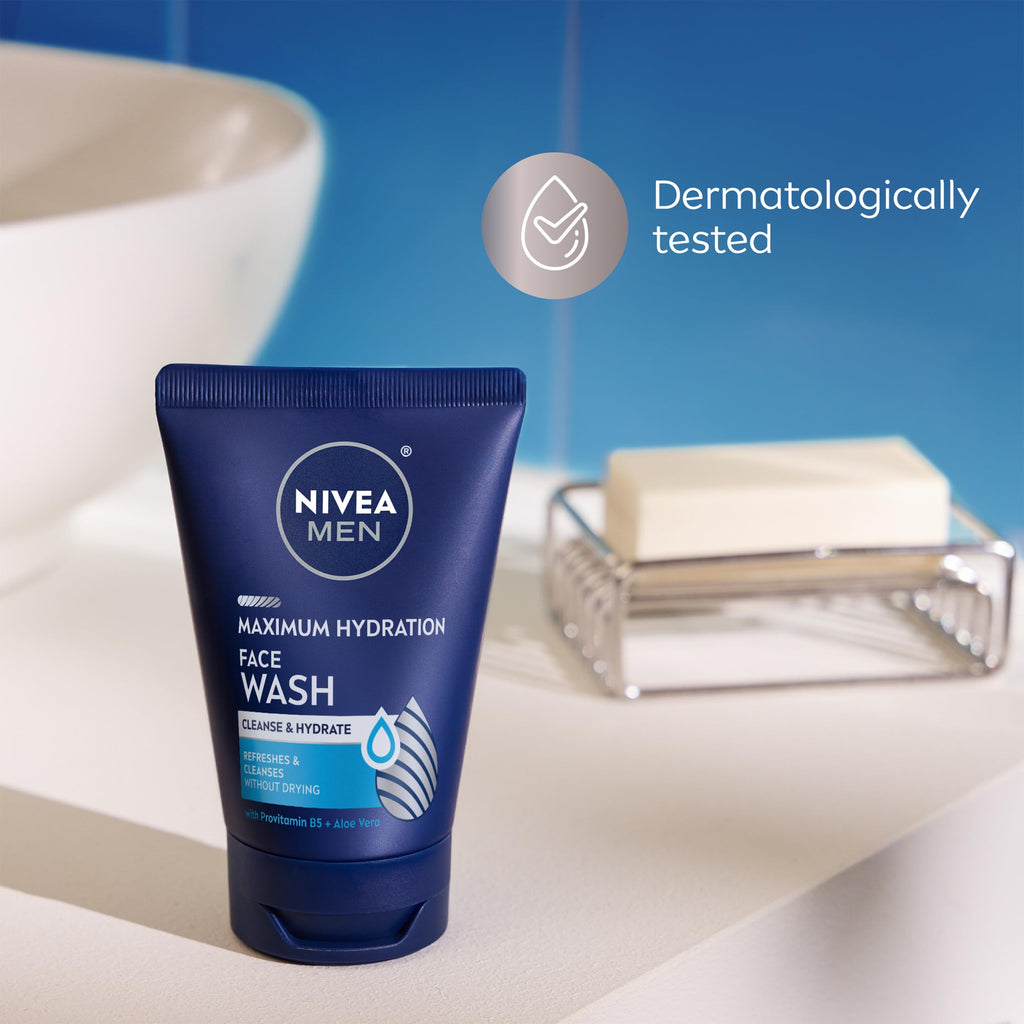 NIVEA MEN Maximum Hydration Face Wash, Provitamin B5 and Aloe Vera, 5 FL OZ | Hydrating Face Wash for Men, Provitamin B5 and Aloe Vera, Refreshes and Cleanses without Drying, Dermatologically Tested