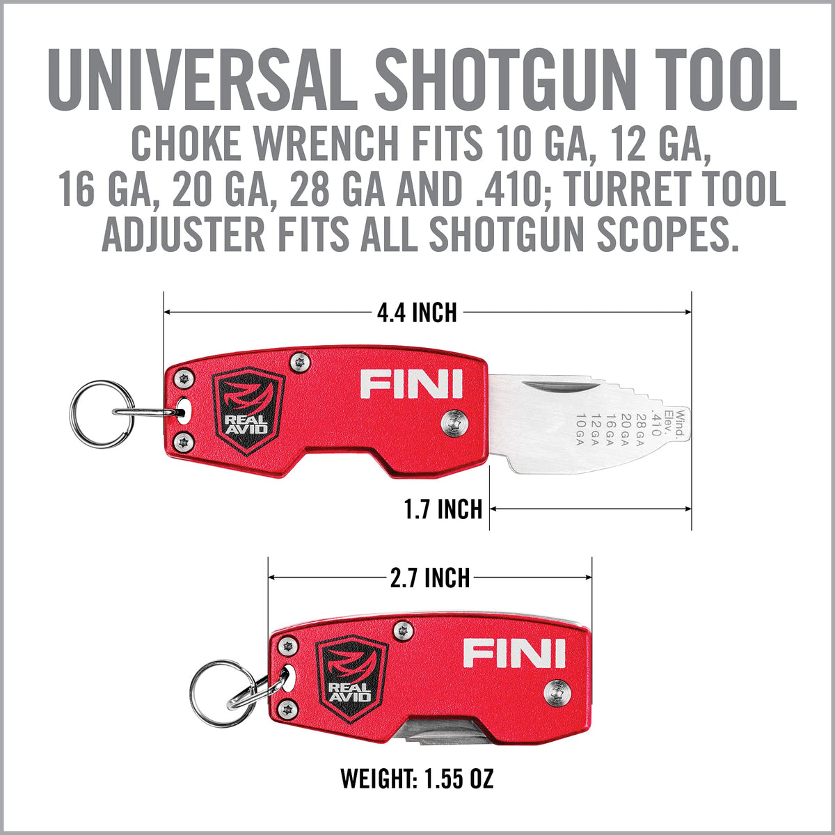 Real Avid FINI Shotgun Tool Choke Wrench with Shotgun Scope Adjuster and Shotgun Keychain, Hunting Gear and Shotgun Accessories for Trap Shooting and Skeet Shooting
