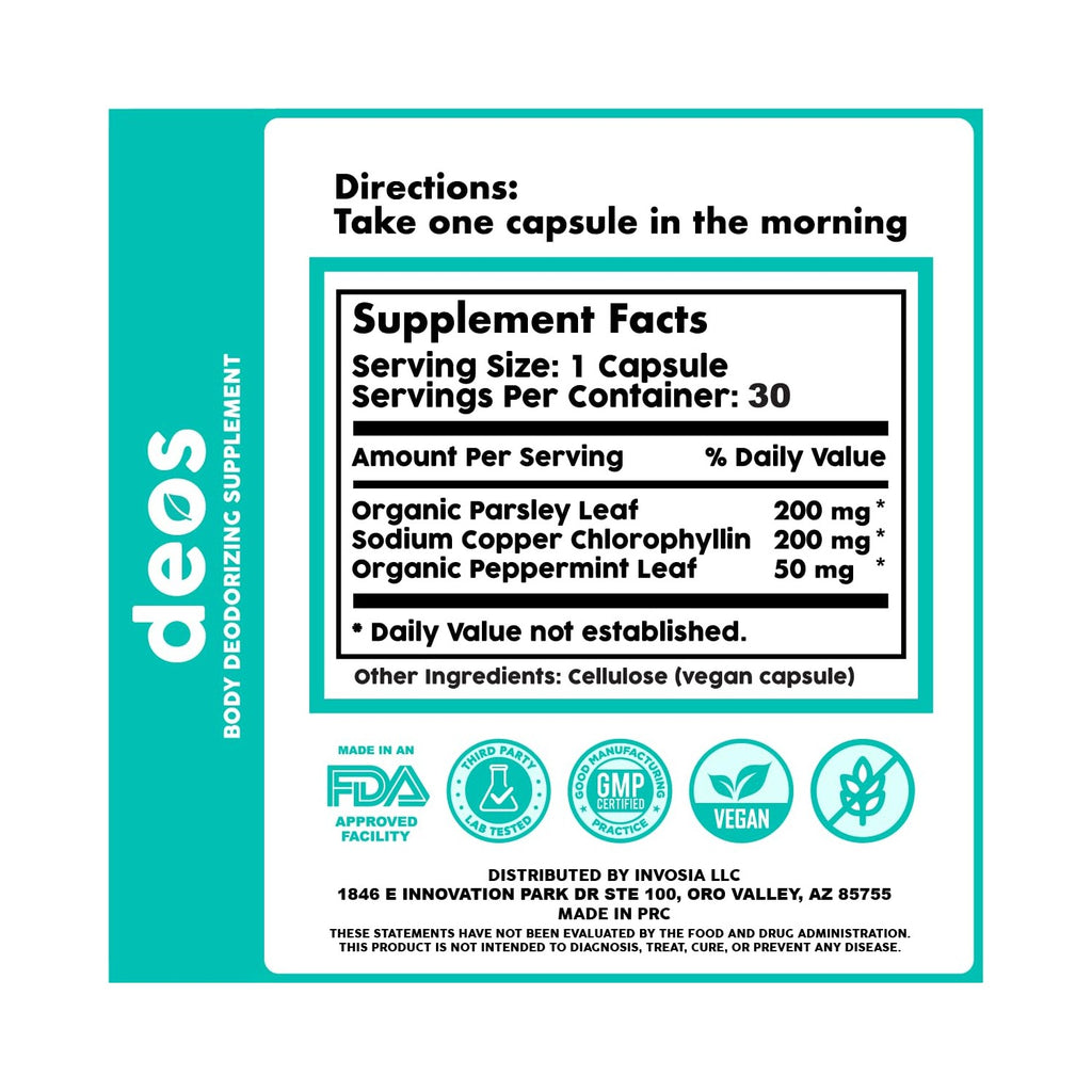 DEOS® Internal Deodorant Supplement [Natural Odor Control] Capsules 30 Pcs | Full Body Deodorizing Capsules for Gut and Skin Health - Supports Detox & Digestion - Chlorophyll, Mint & Parsley Pills