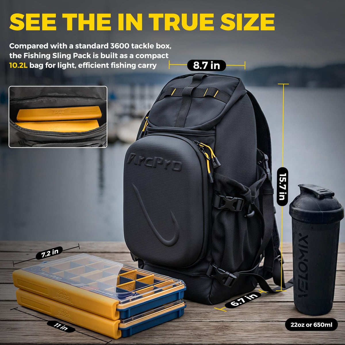 Fishing Sling Pack, EVA Hardshell with Foldable Workstation, Water-Resistant Convertible Front/Back Tackle Bag for 2×3600 Trays, Saltwater Freshwater Crossbody