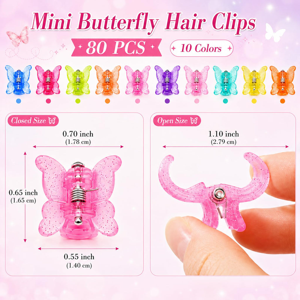 80Pcs Mini Butterfly Hair Clips for Women, 10 Glitter Colors, 0.6inch/1.5cm Tiny Claw Clips, 90s Y2K Hair Accessories, Small Butterfly Hair Clips with Storage Box