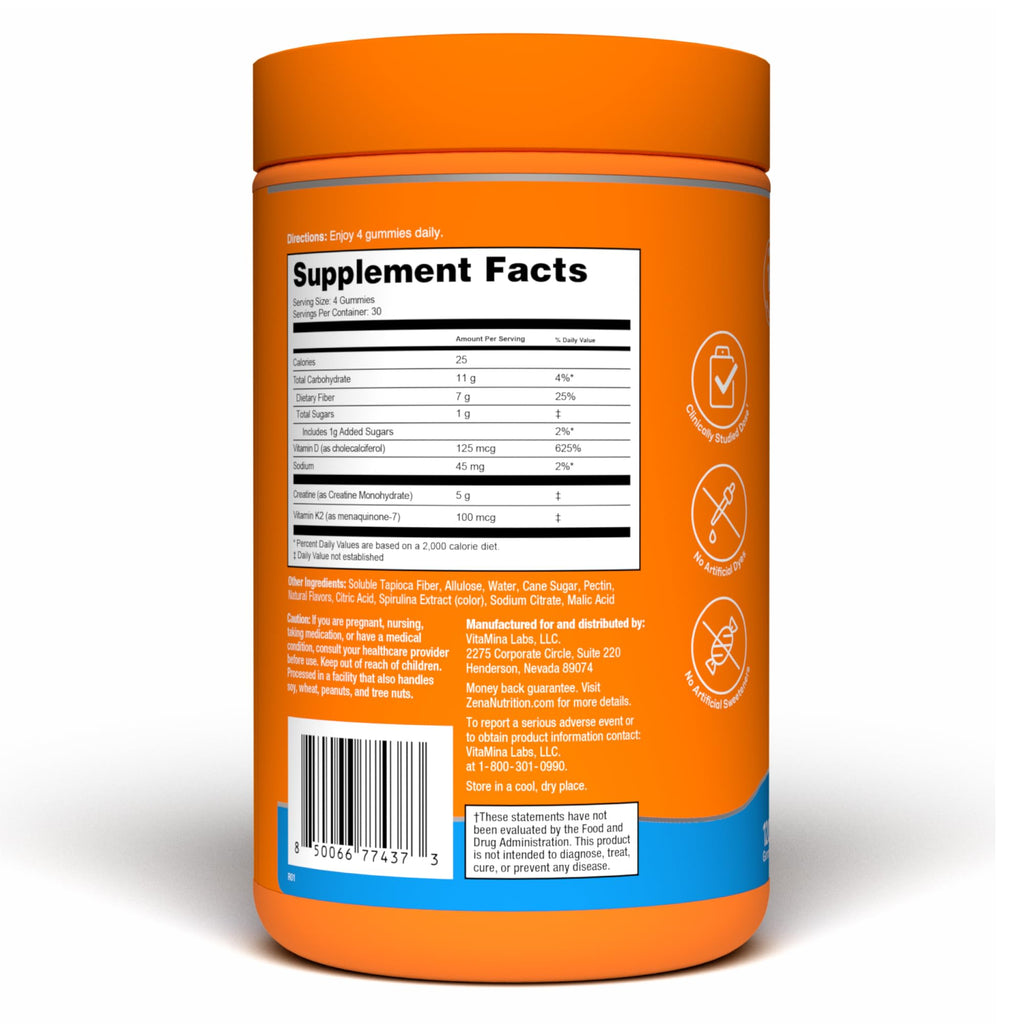 Zena Nutrition Creatine Gummies with D3 & K2, Creatine Monohydrate for Men and Women, Supports Bone, Muscle, & Cognitive Health, Gummy Workout Supplement, Blue Raspberry Flavor, 120ct, 30 Servings