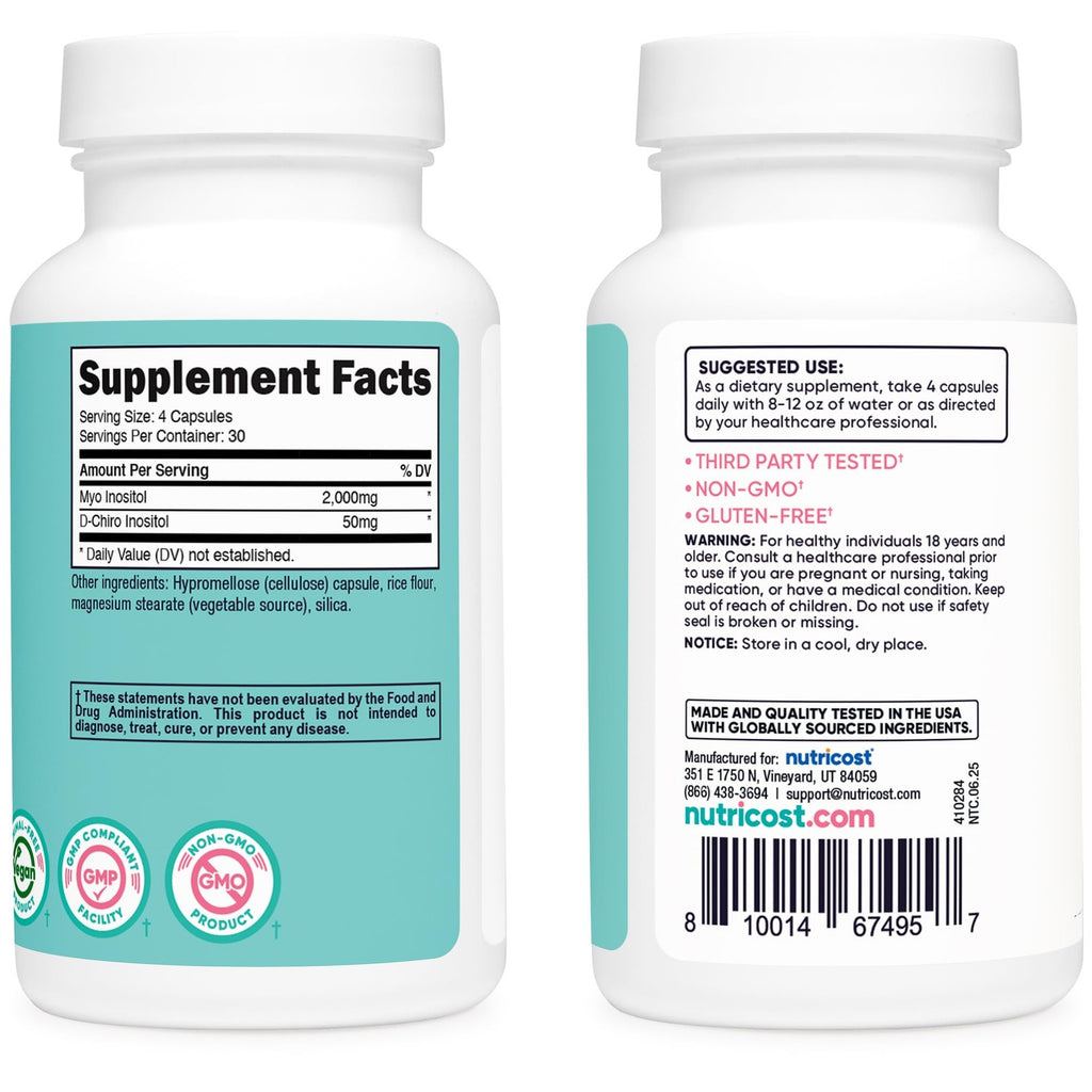 Nutricost Myo Inositol & D-Chiro Inositol for Women, 120 Capsules, GMO-Free | 2000mg Myo & 50mg D-Chiro Per Serving, 30 Servings, Vegetarian Friendly, Gluten Free