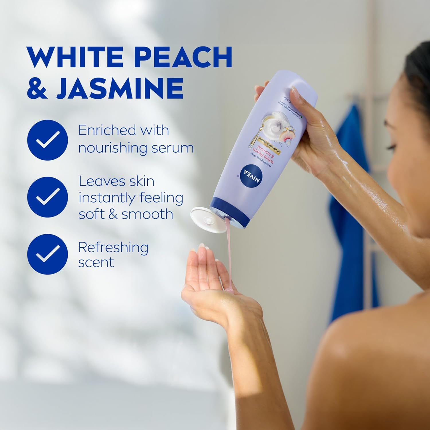 Buy now NIVEA Refreshing White Peach and Jasmine Body Wash with Nourishing Serum, Scented Body Wash for Women, Enriched with Provitamin B5 and Vitamin E, 20 Fl Oz Bottle at indiglob india