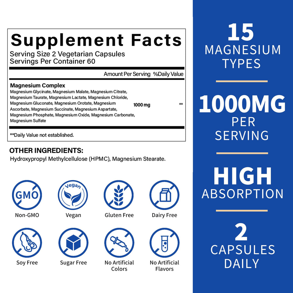 1000mg Magnesium Complex for Women & Men,15-in-1 Magnesio Complex with Glycinate, Citrate, Malate, Taurate & Chelated for Easy Absorption, Muscle, Recovery & Energy, Vegan Non-GMO,120 Capsules