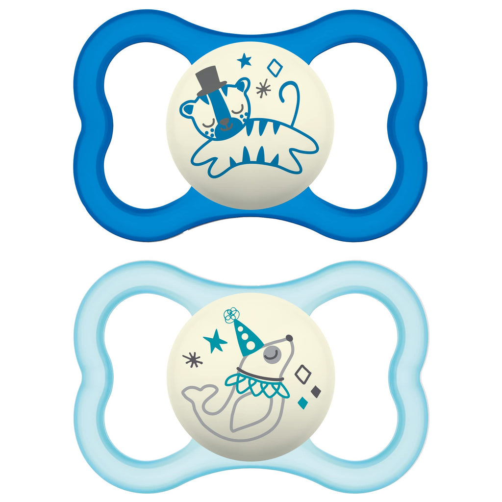 Buy now MAM Air Pacifier for Babies 6-16 Months, Extra Air Flow for Sensitive Skin, Glows in The Dark, Developed with Medical Experts, BPA-Free Skin Soft Silicone, 2 Count, with Sterilizer Case at indiglob india